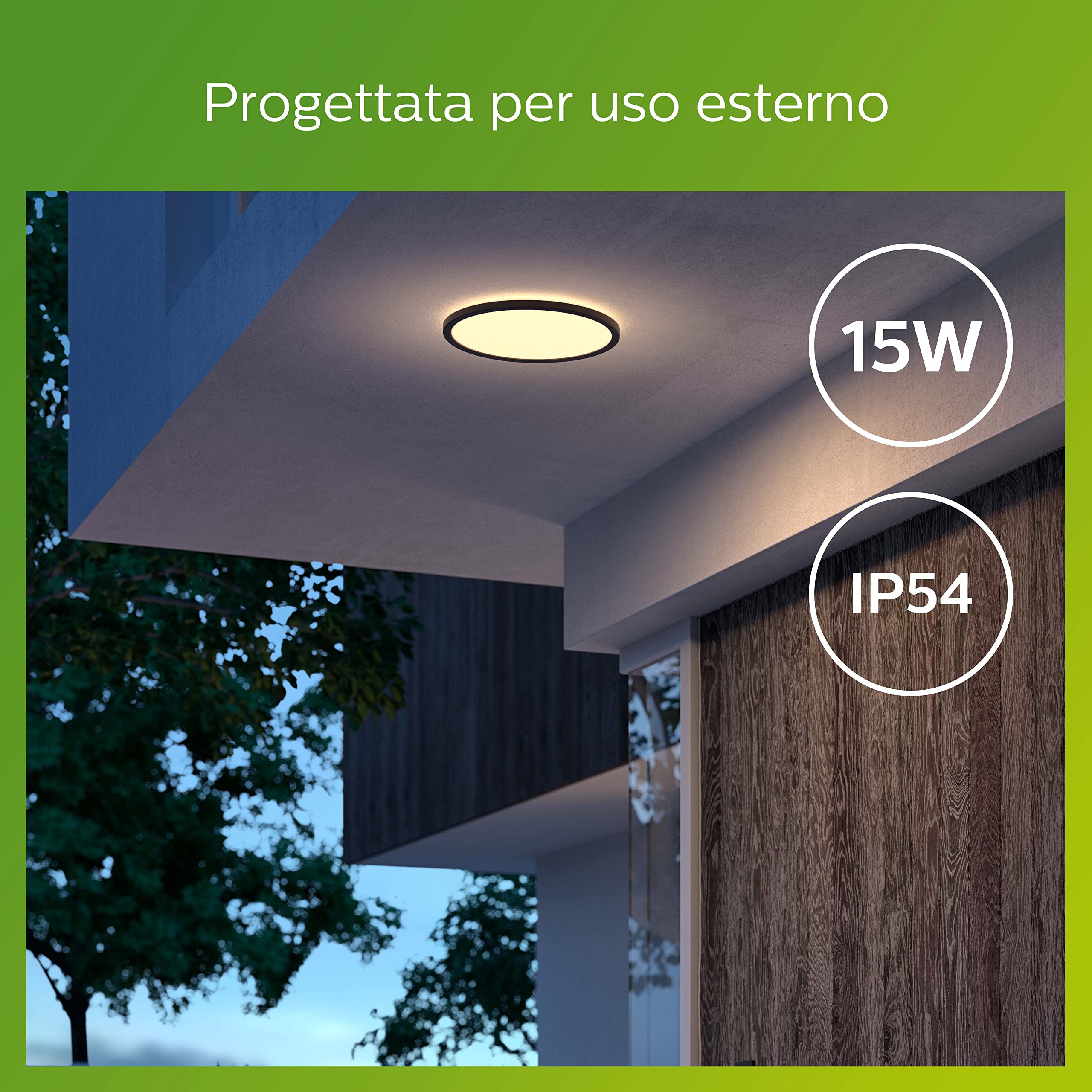 PHILIPS LED Plafoniera SuperSlim per Esterni, IP54, Luce Bianca Calda, Nera