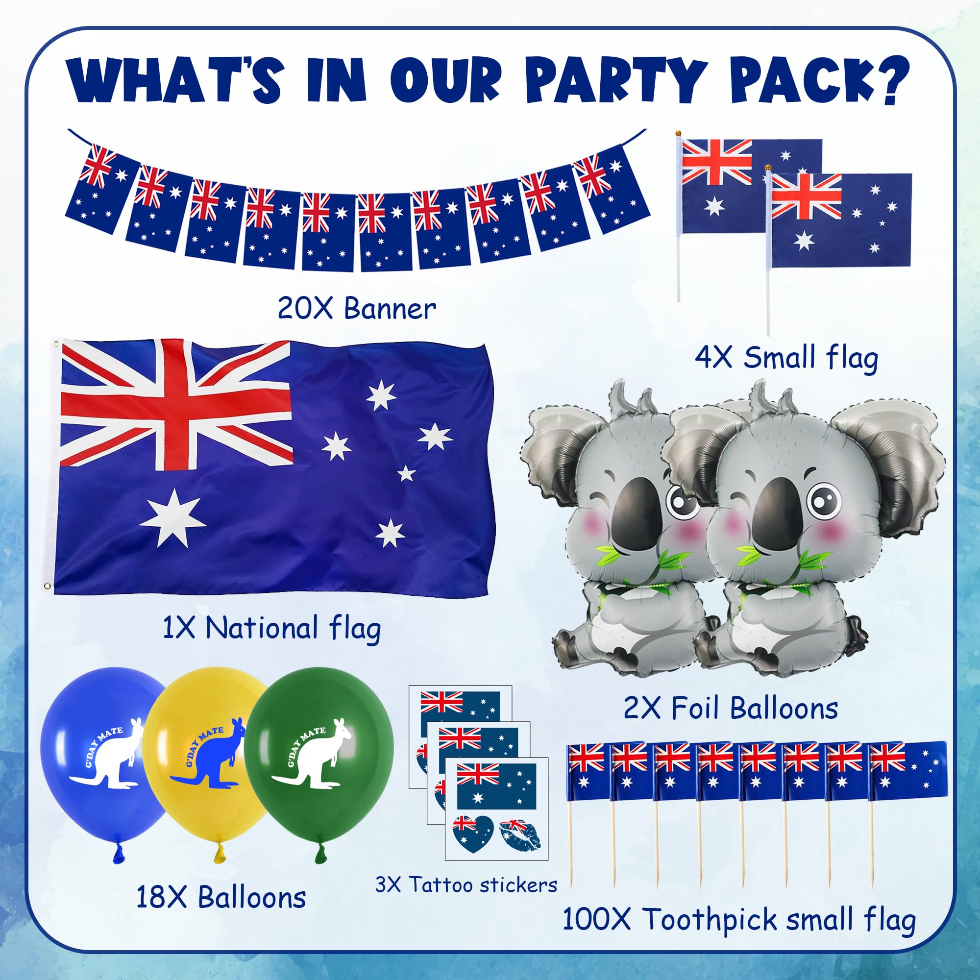 149pcs Australian Party Decorations Set – Green Blue Australia Party Decor Bunting Hand Waved Flag Cake Topper, Australia Day Inflatable Animal Foil Latex Balloons Tattoo Stickers Supplies