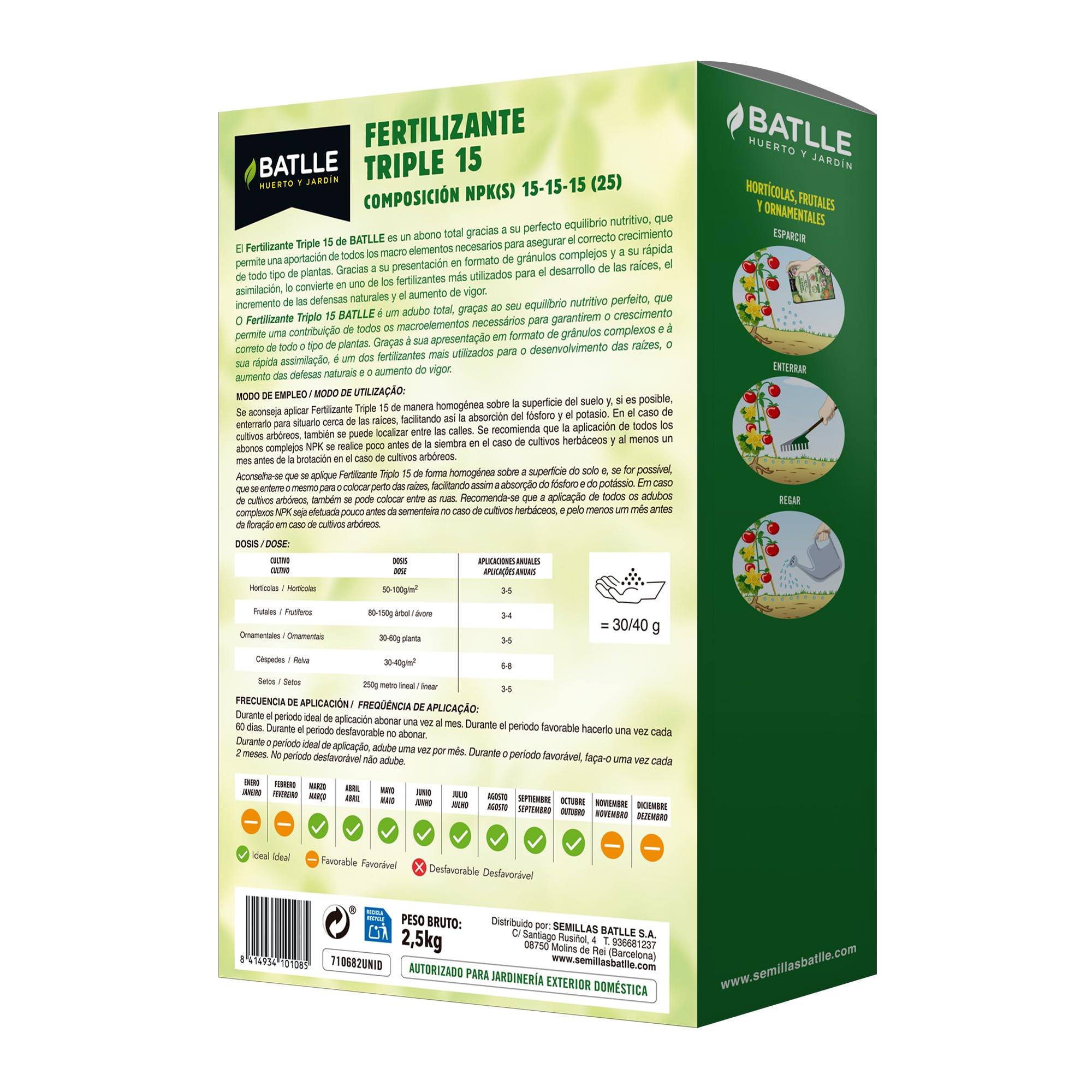 Semillas Batlle Fertilizante Triple 15 NPK 15-15-15 + Mg con Micronutrientes – Abono Granulado Completo 2,5 kg para Huerto, Jardín y Árboles
