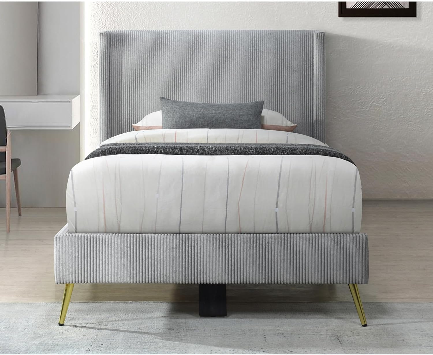 Better Home Products Corduroy Platform Twin Bed with Gold Metal Legs, Solid Wood Frame & Wing Back Headboard in Gray (Gray, Twin)