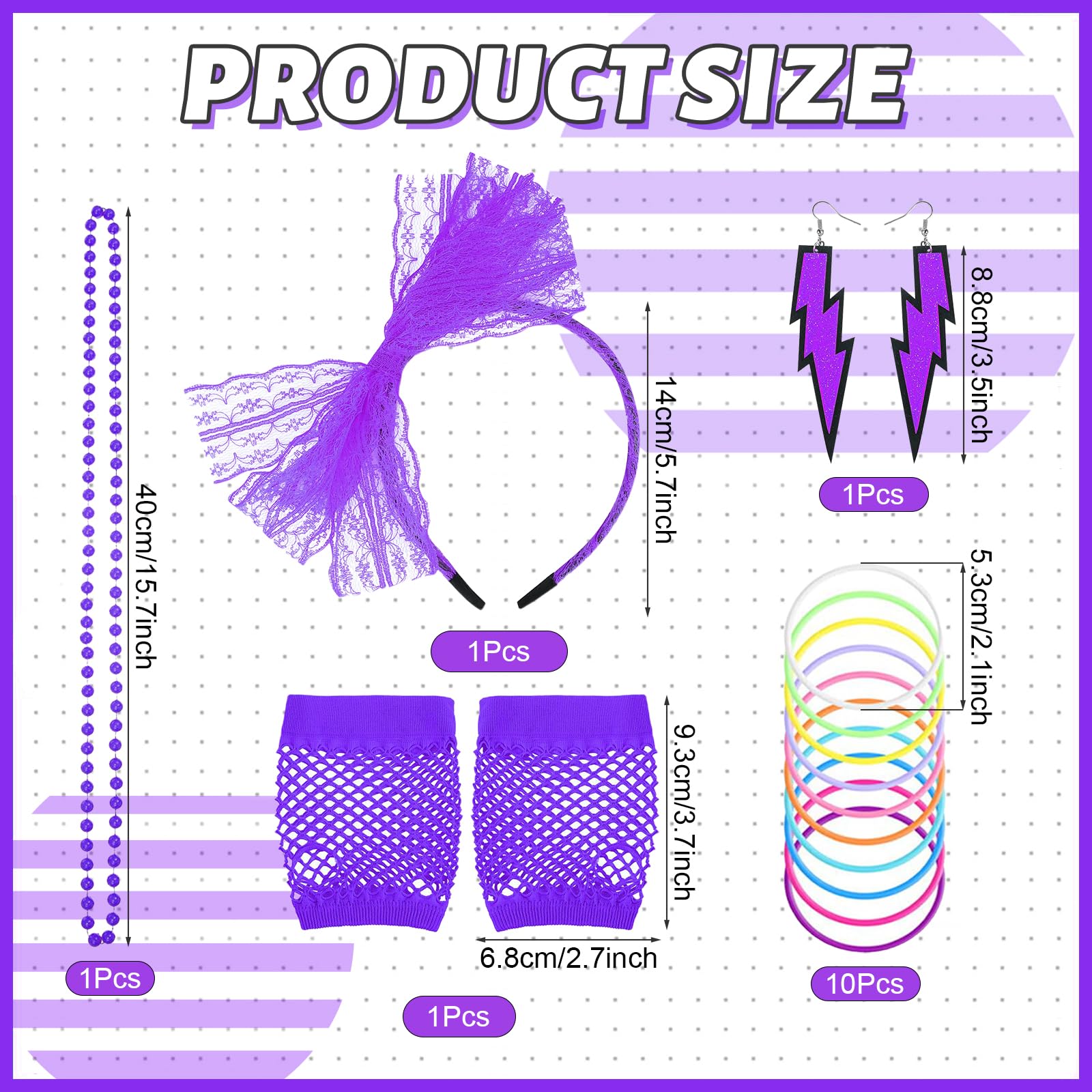 6PCS 80s Costume Accessories Set for Women, 1980s Fancy Dress with T-shirt Headband Lightning Earrings Necklace Bracelet Mesh Sleeve 80s Outfit for Retro Theme Party Cosplay Dress Up (Purple, S) - Image 2