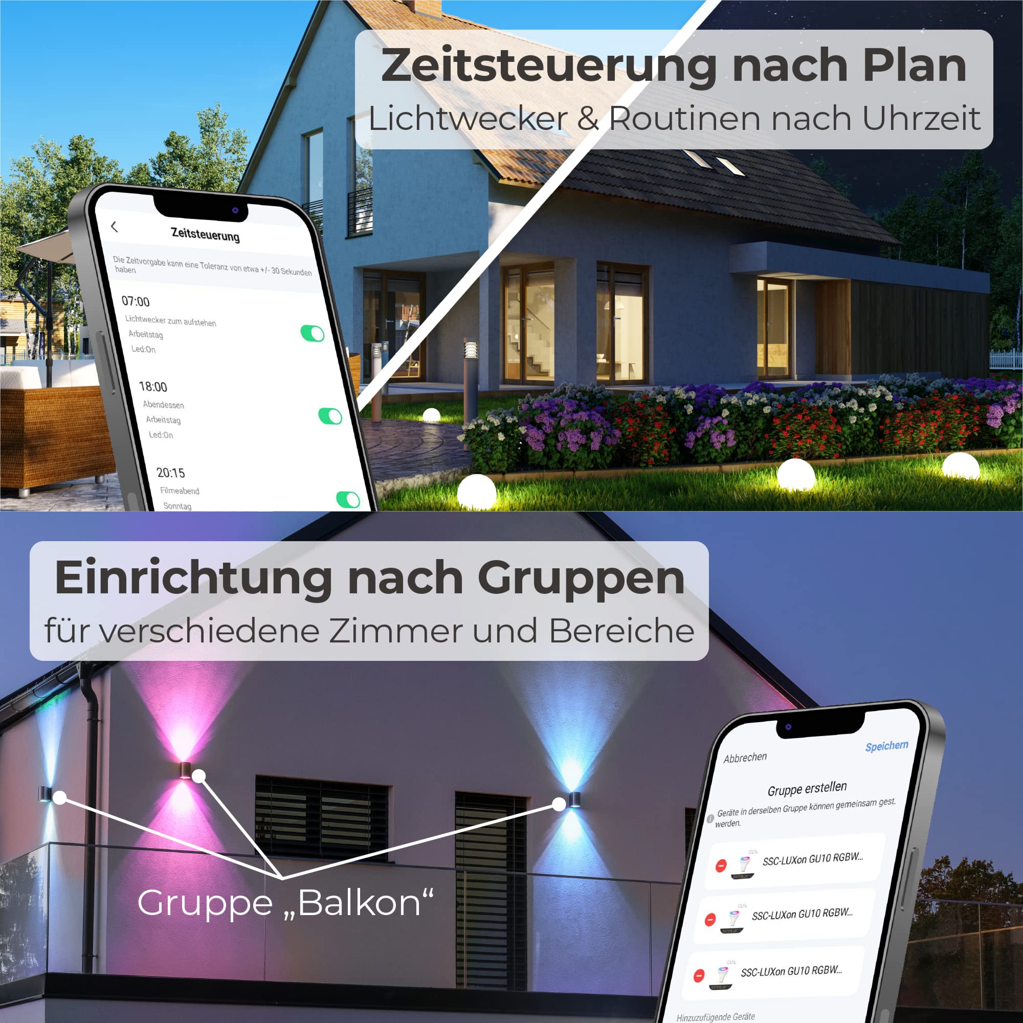 SSC-LUXon 2 Stück ZORA Wandleuchten Außen LED Up Down IP44 mit 4x Smart GU10 RGB WiFi Steuerung per App & Sprache - Wandlampe schwarz halbrund