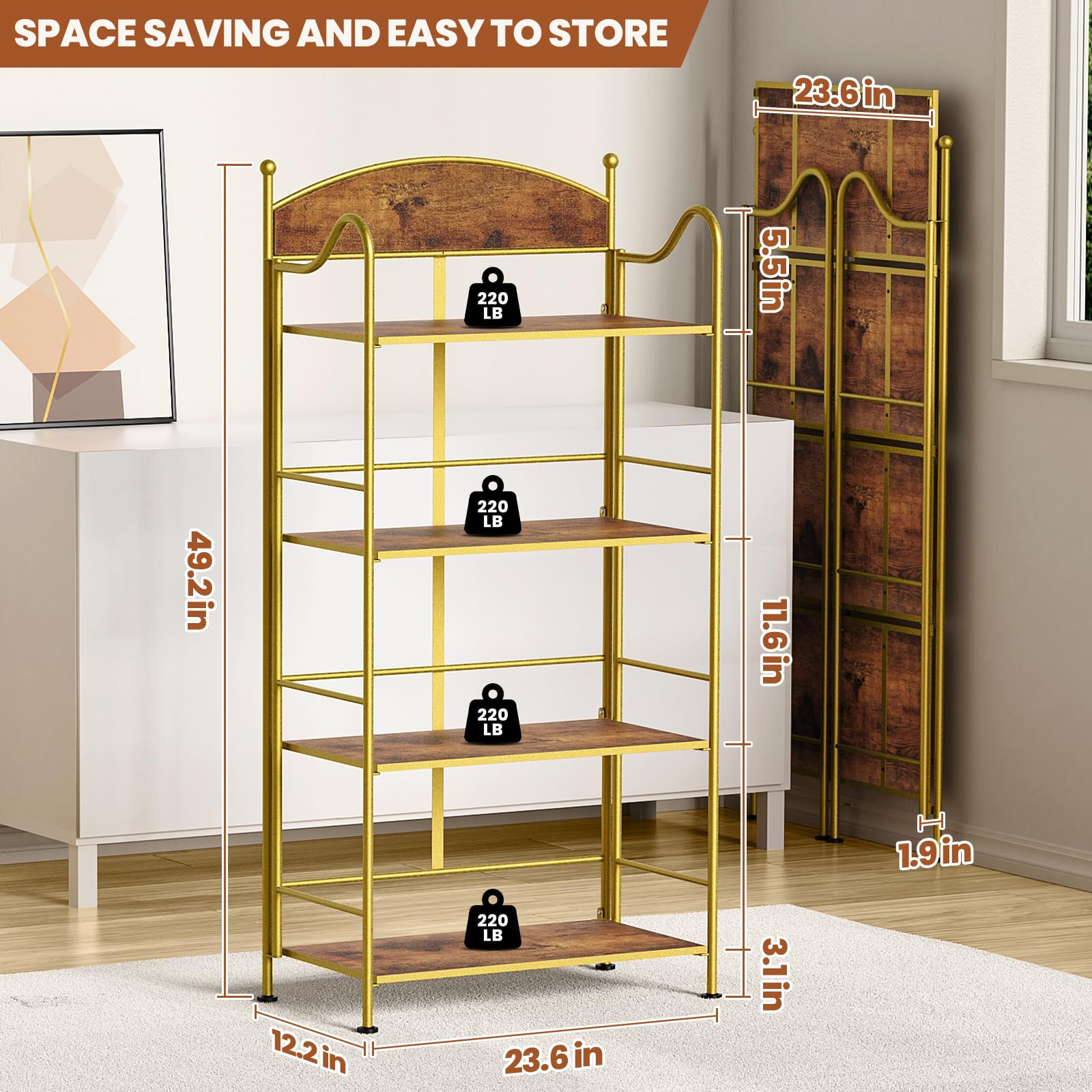 Foldable Metal Bookcase - No Assembly Retro Shelf, Floor Standing, Gold, 34x21x111cm, Holds 25 Lbs Per Shelf