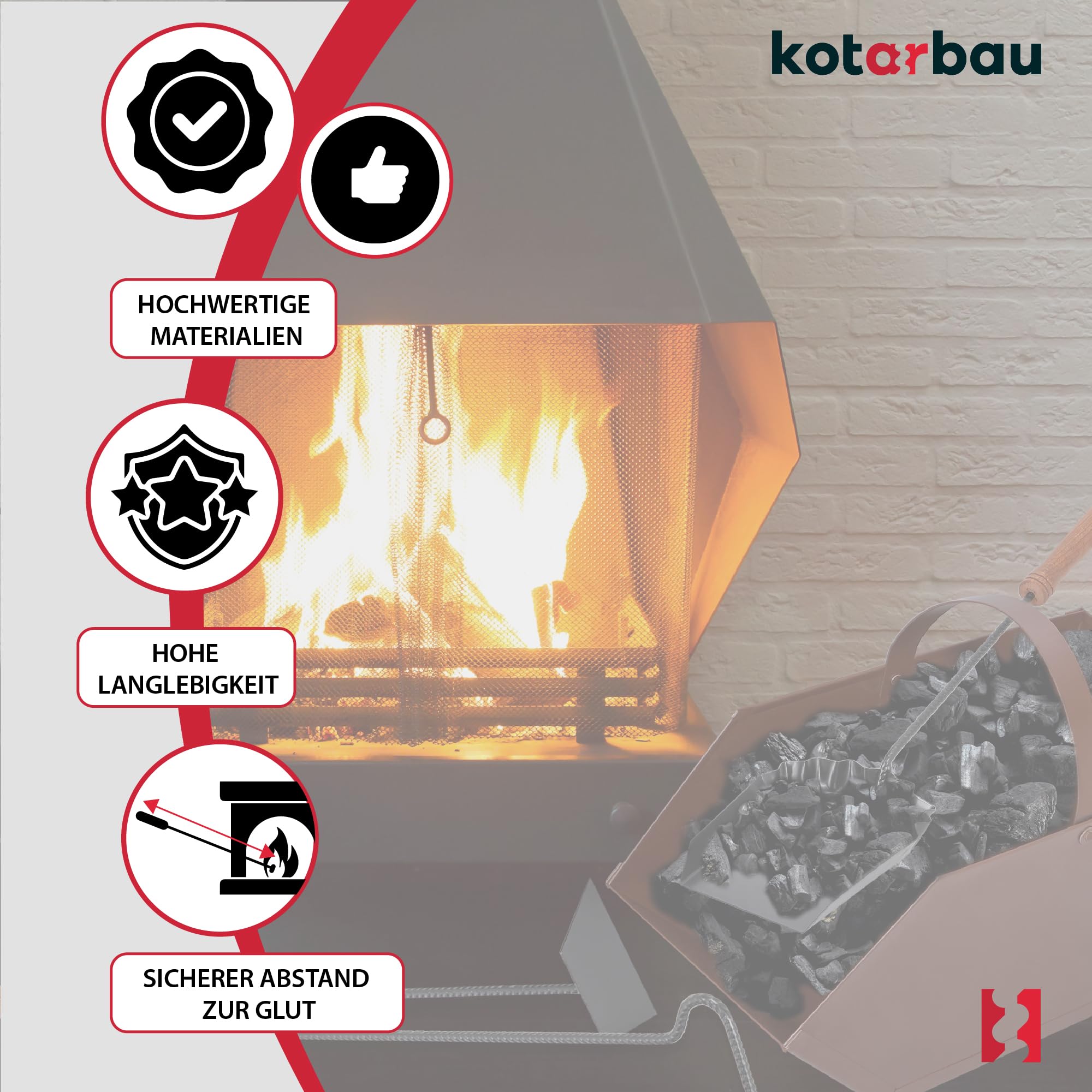KOTARBAU® Kaminbesteck 4er Set mit Ascheeimer Schürhaken Besen Schaufel mit Holzgriff Kamingarnitur Ofenbesteck Kaminzubehör Pulverbeschichtetes Metall Braun und Schwarz