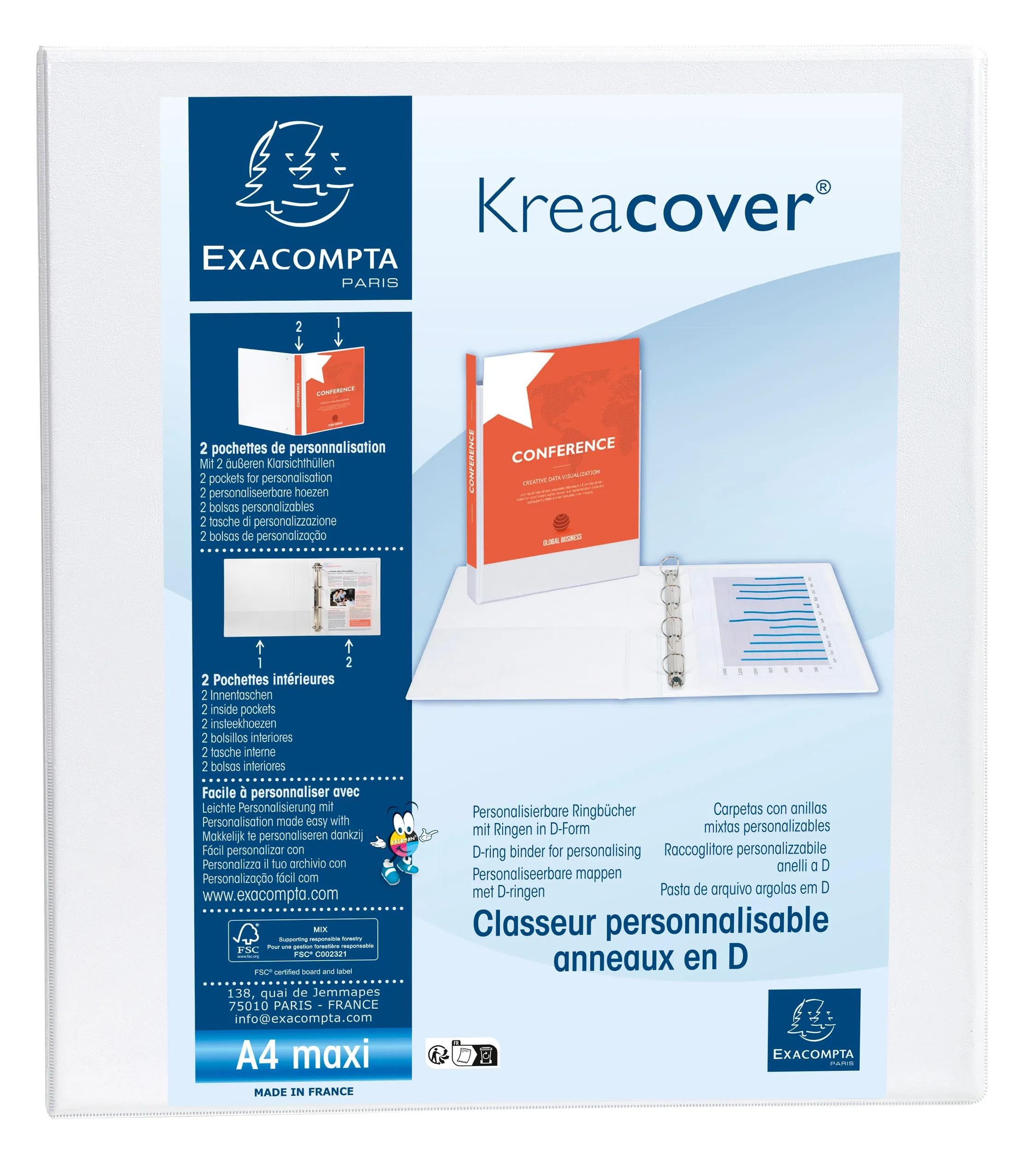 Classeur 2 anneaux en d 40mm remborde 3 pochettes exterieures krea cover - a4 maxi