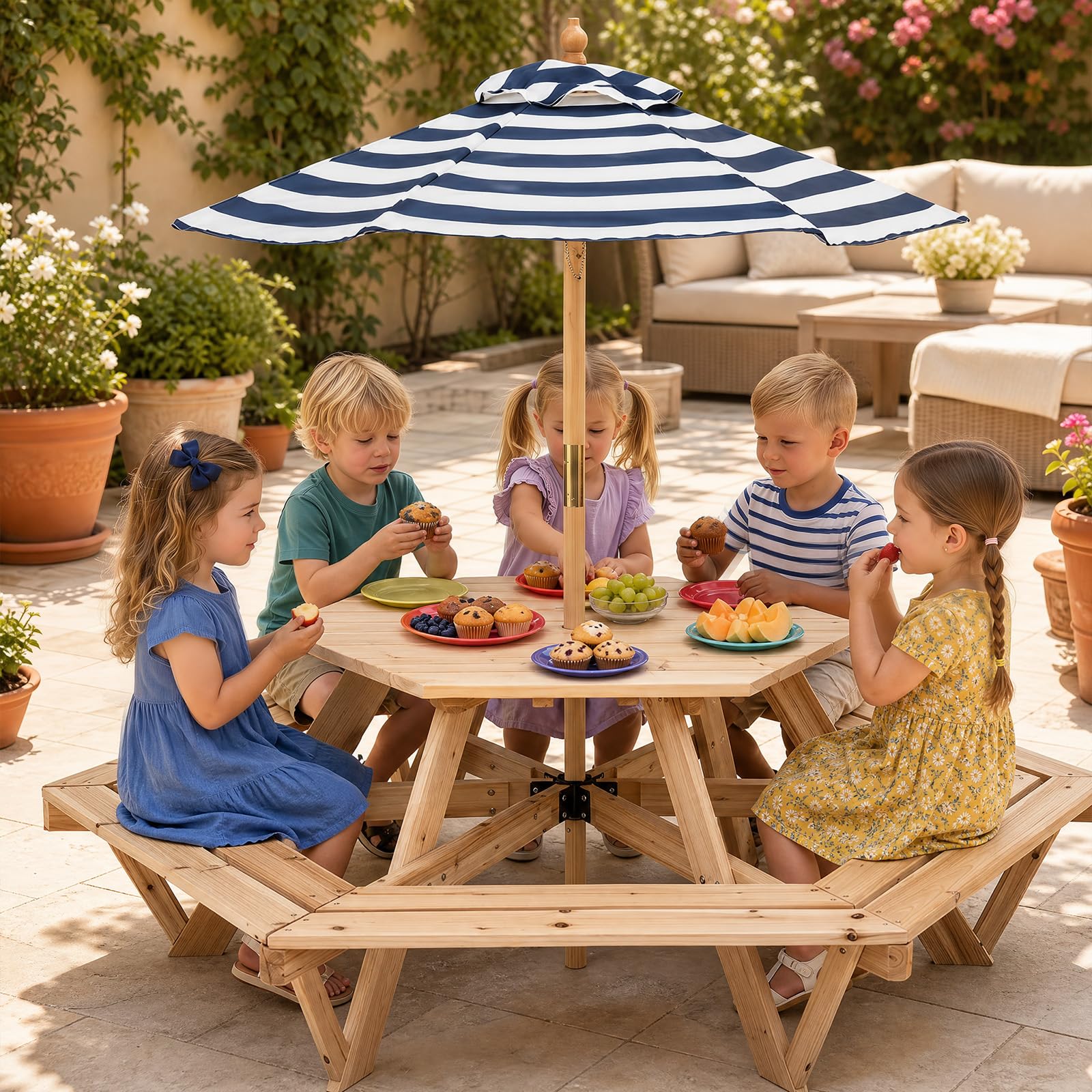 GOPLUS Table Pique Nique Enfant Bois 6 Bancs avec Parasol Amovible Réglable
