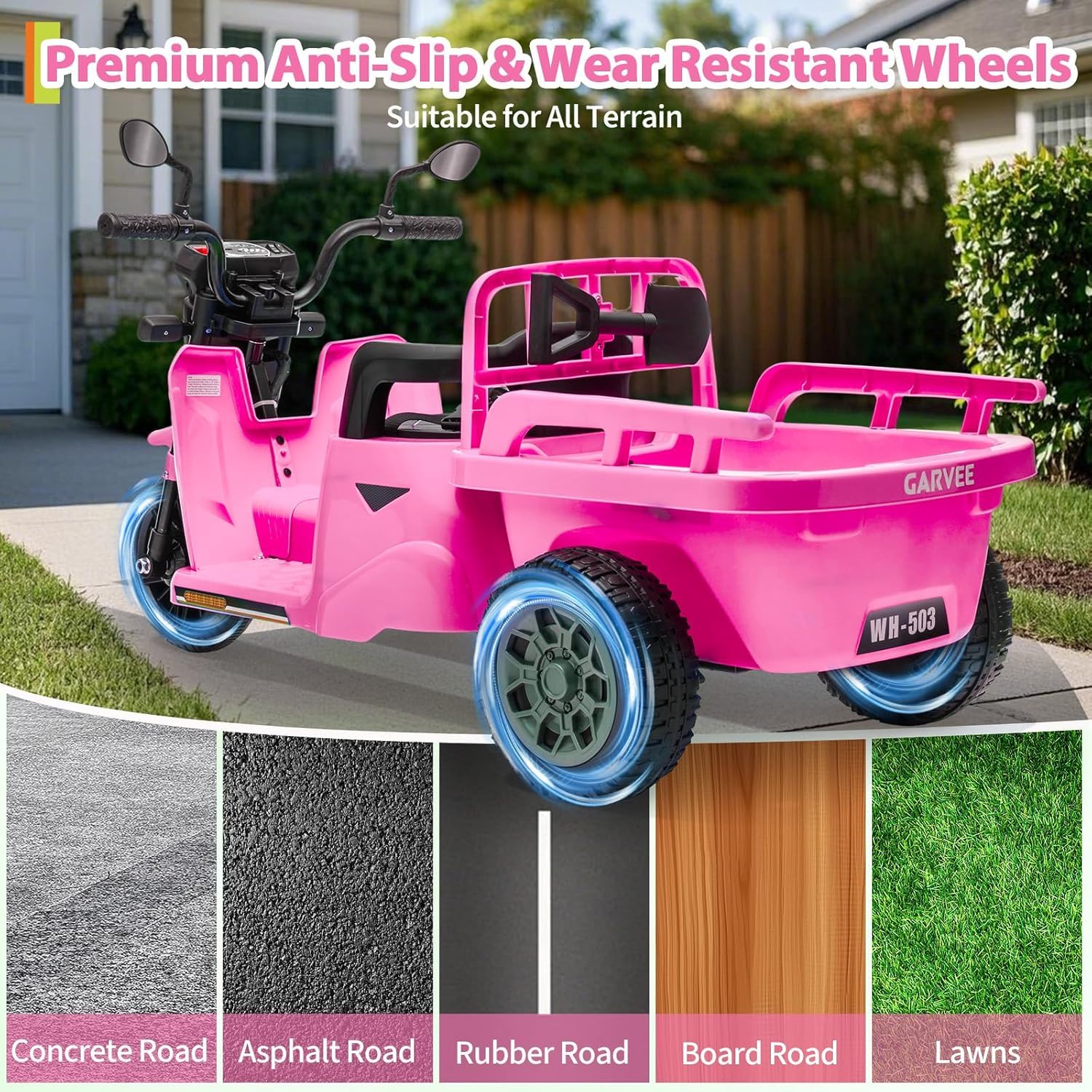 Elektrisches Dreirad 12V Kinder mit Anhängerplattform, dreirädriges Elektro-Kinderfahrzeug mit Fernsteuerung, Musik, Bluetooth, Rückspiegeln und LED, für Kinder ab 3 Jahren, Rosa