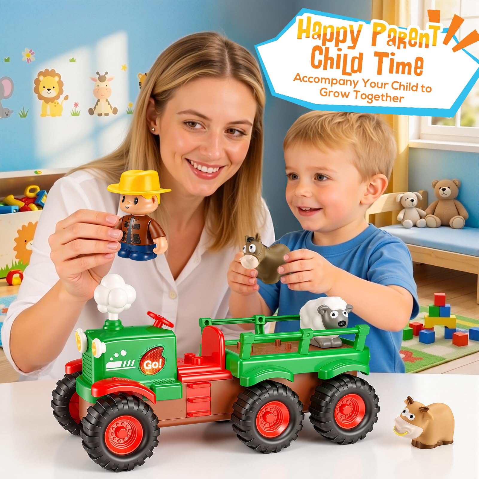 Gralal Trattore Fattoria Giochi per Bambini 1 2 3 Anni, Veicolo Musicale Push and Go con Animali, Giocattoli Montessori a Tema Animali della Fattoria, Regalo Apprendimento Precoce per Neonati