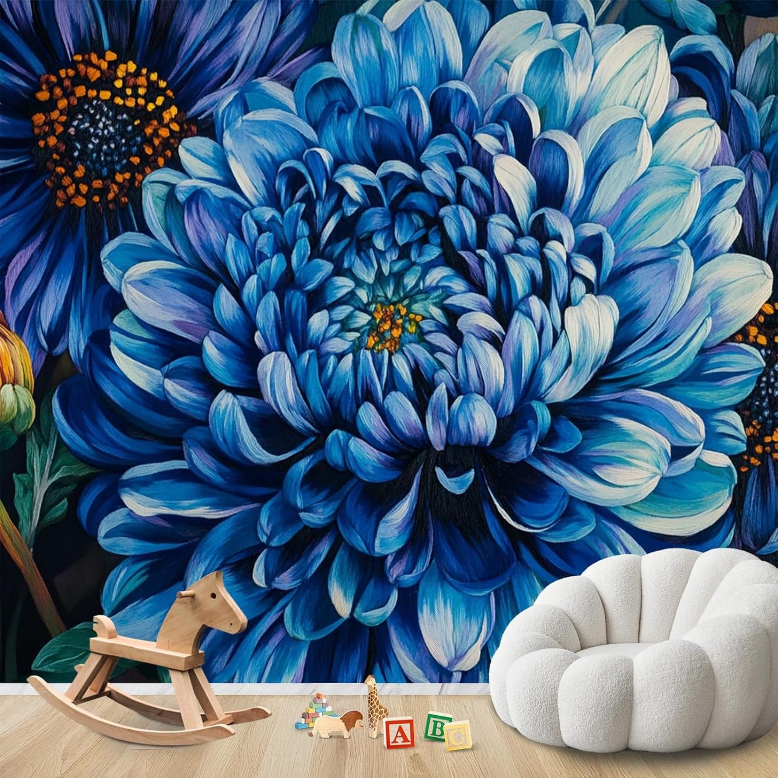 kfjhgbdshhj Photo Wallpaper Blue Chrysanthemum Floral Motif Non-Woven Modern Living Room Bedroom Children's Room Wall Decoration Motif Wallpaper,430cmx300cm Stickers - Frameless Painting - Poster