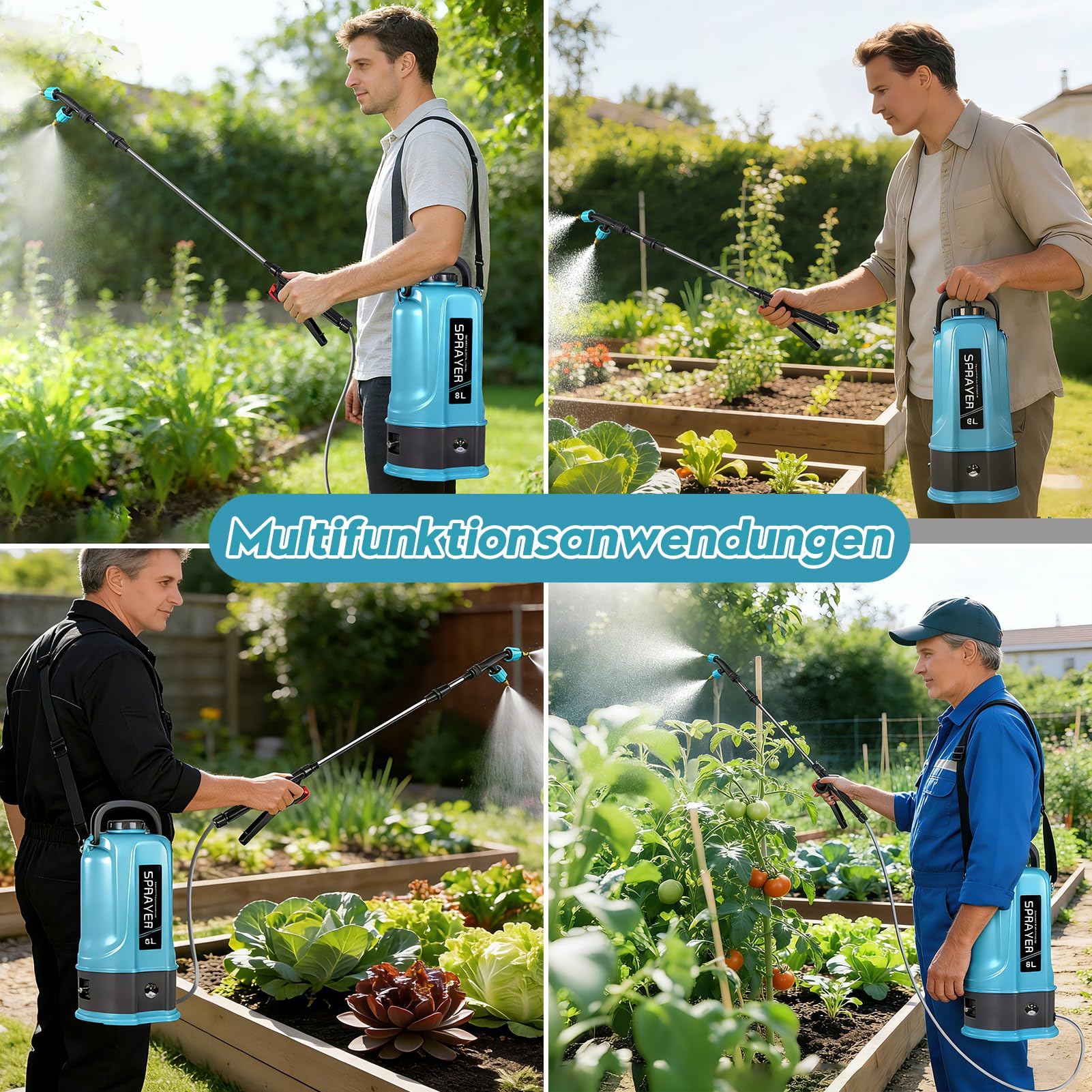 Akku Drucksprüher 8L,45PSI Elektrischer Pflanzensprüher Kompatibel mit Makita 12V Batterien,Rückenspritze Pflanzensprüher mit 4 Düsen,60cm Teleskopstab,2.0 Ah Akku,Ladegerät