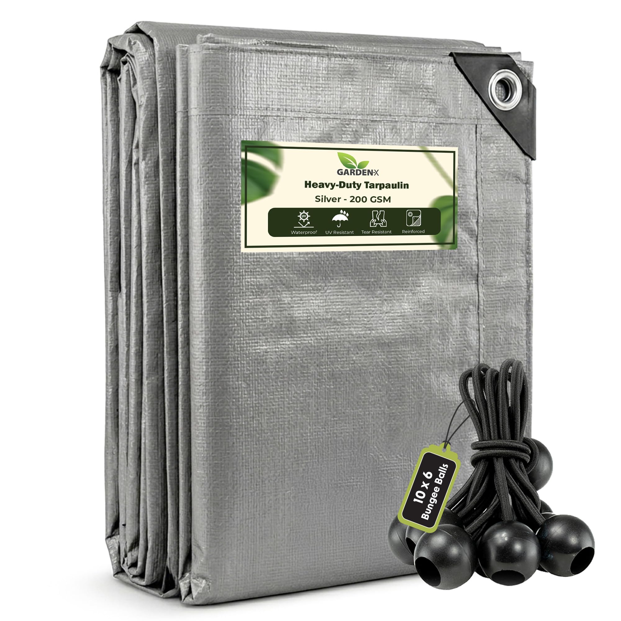 Gardenix Grey + 10 X 6" Bungee Balls (Black) 6M X 6M Grey Heavy Duty 200Gsm Tarpaulin Waterproof Tarp Sheet Cover, Groundsheet, Multipurpose, Reinforced + 10 X 6" Bungee Balls (Black)