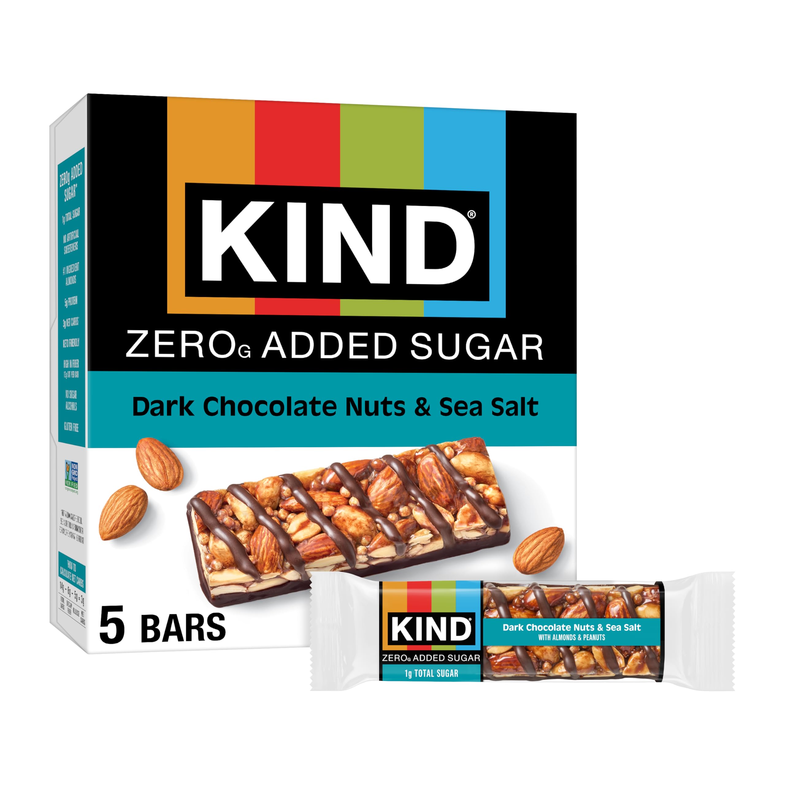 KIND ZERO Added Sugar Bars, Dark Chocolate Nuts and Sea Salt, Keto Friendly Snacks, Gluten Free, 5g Protein, 5 Count