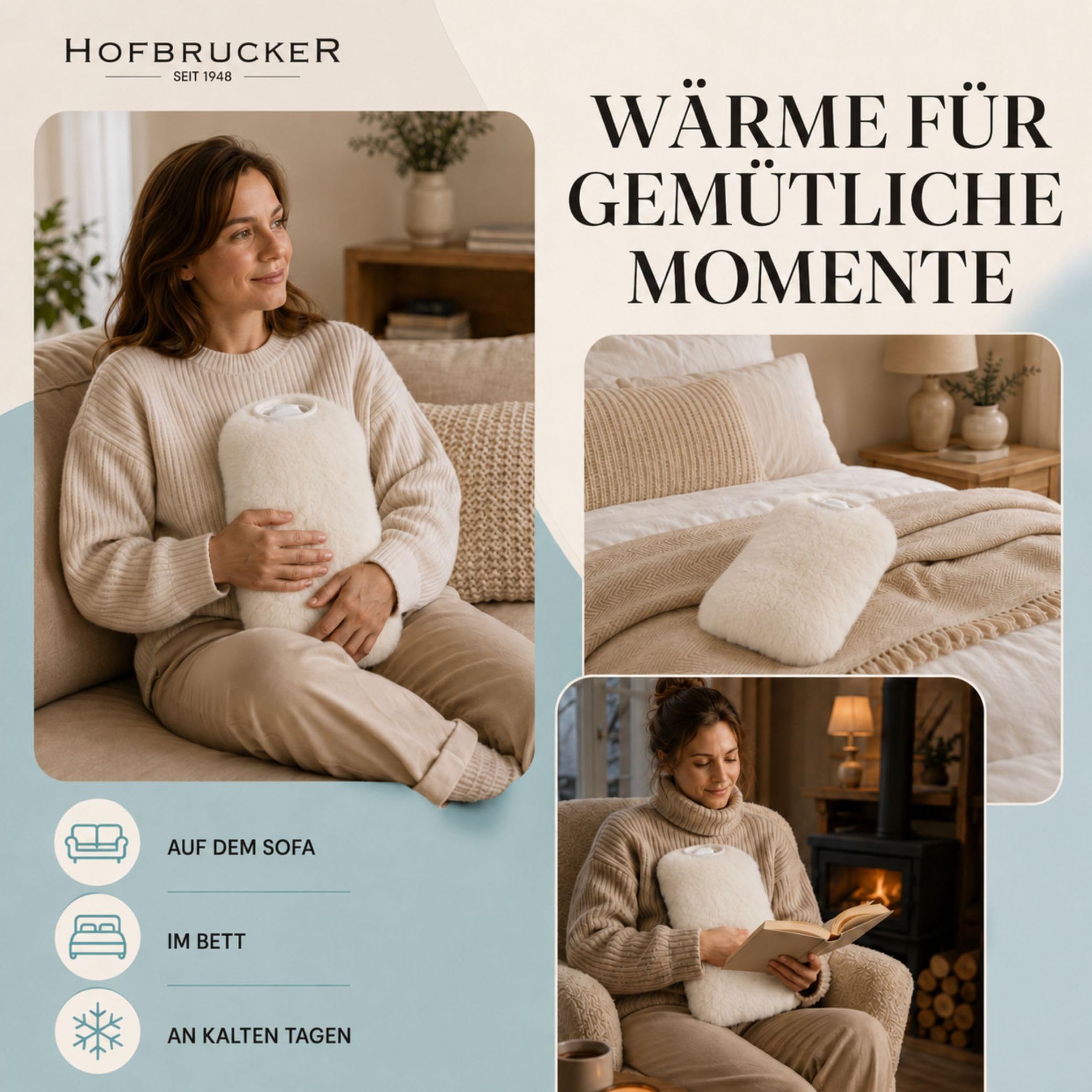 Hofbrucker - Lot de 2 Bouteilles Chauffantes en Peau d'Agnneau et Bouillotte Blanc 2L - Classique - Bouteille Thérapeutique
