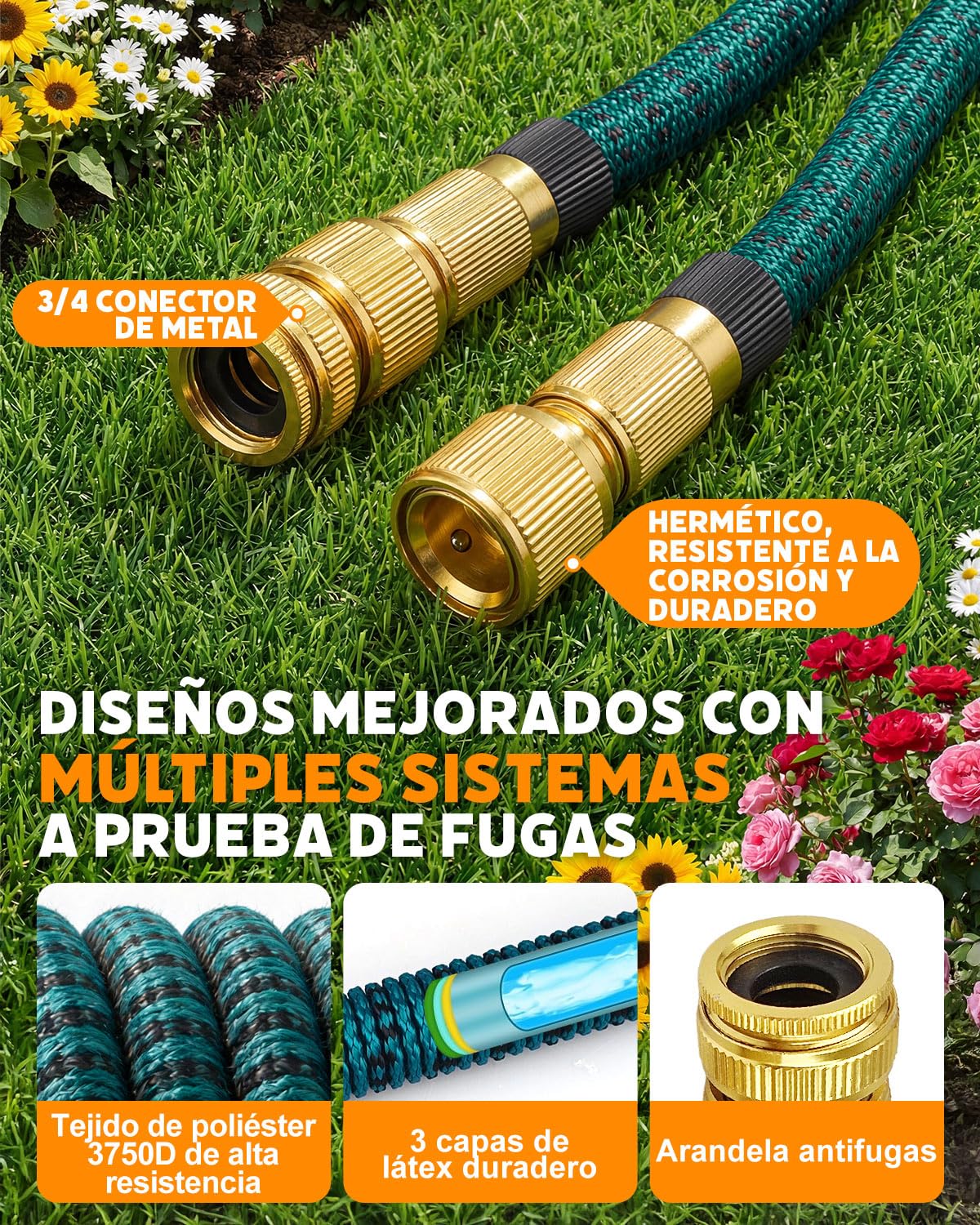 Manguera Jardin Extensible, Manguera Extensible 30 Metros con 10 Boquillas de Patrón de Pulverización Conector de Latón Tela 3750D Manguera, Adaptadores de 1/2" y 3/4" para Jardinería