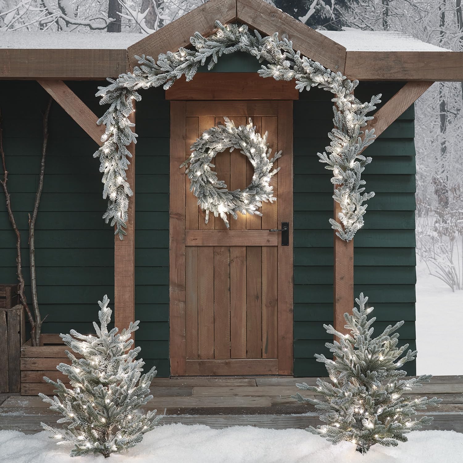 Lights4fun 3-in-1 Weihnachtsdeko Set LED beleuchtet Künstliche Girlande Weihnachtskranz beleuchtet Weihnachtsgirlande Tannenbaum Außen Deko Weihnachten
