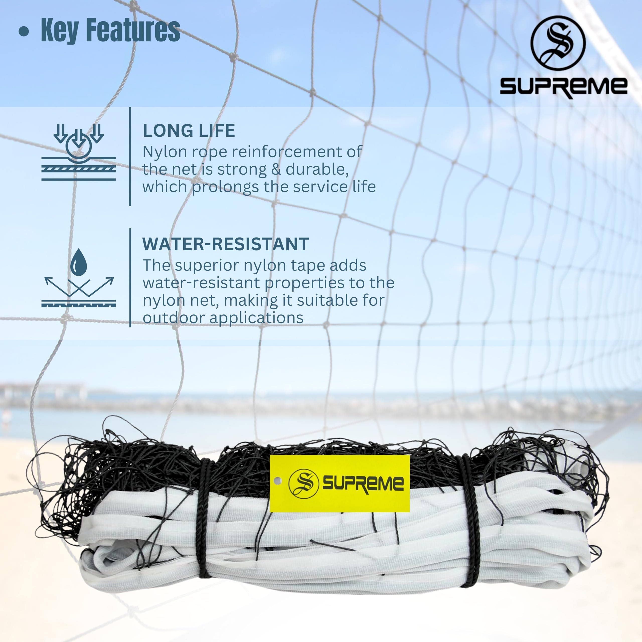 Supreme Volleyball Net Nylon (4 Side Tape) 10 Mesh,Heavy (Pack of 1) Volleyball Net (Black, White) 1