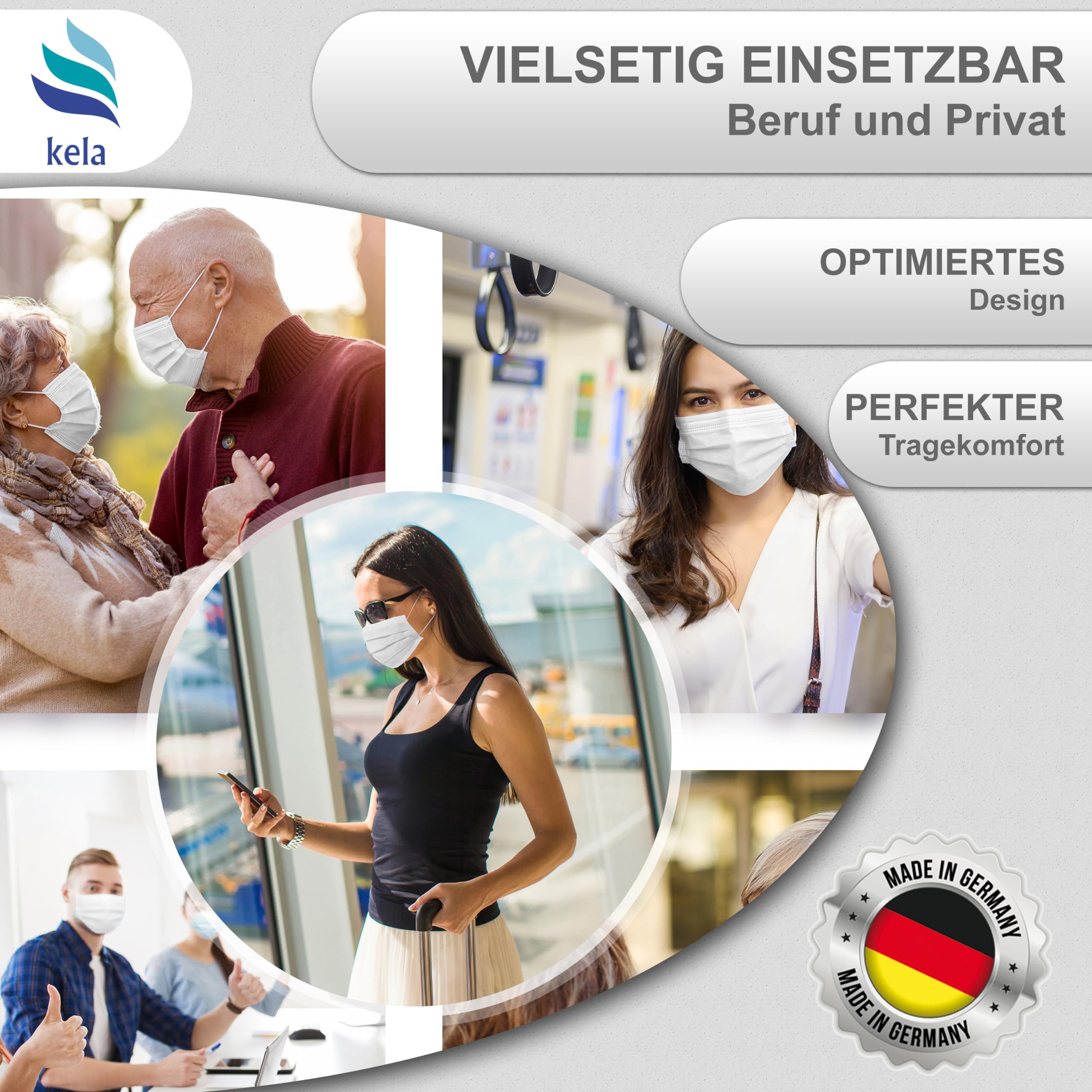 kela, Mascarillas Quirúrgicas, Blanco, Fabricado en Alemania, Mascarilla Medicas Homologadas para Adultos, Material Oeko-tex, CE DIN EN 14683 Tipo IIR - BFE >99,8%, 3 Capas y Sin Grafeno,