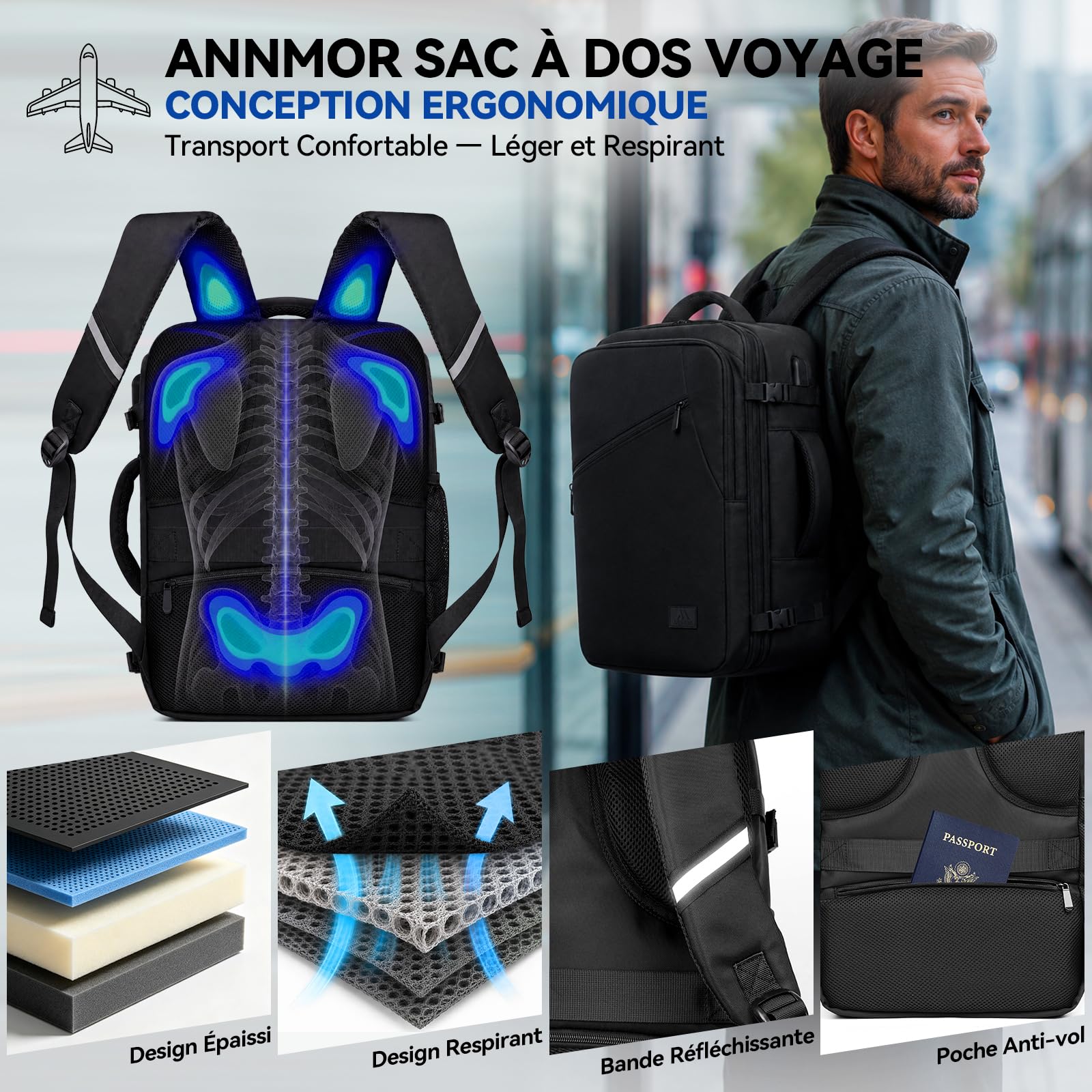Sac a Dos Voyage Cabine Avion, 24L Sac a Dos Cabine Avion 40x30x20, Extensible jusqu'à 30L Conforme Air France, Ryanair, Compartiment Ordinateur 15,6 Pouces & Port USB Pour Voyages - Noir