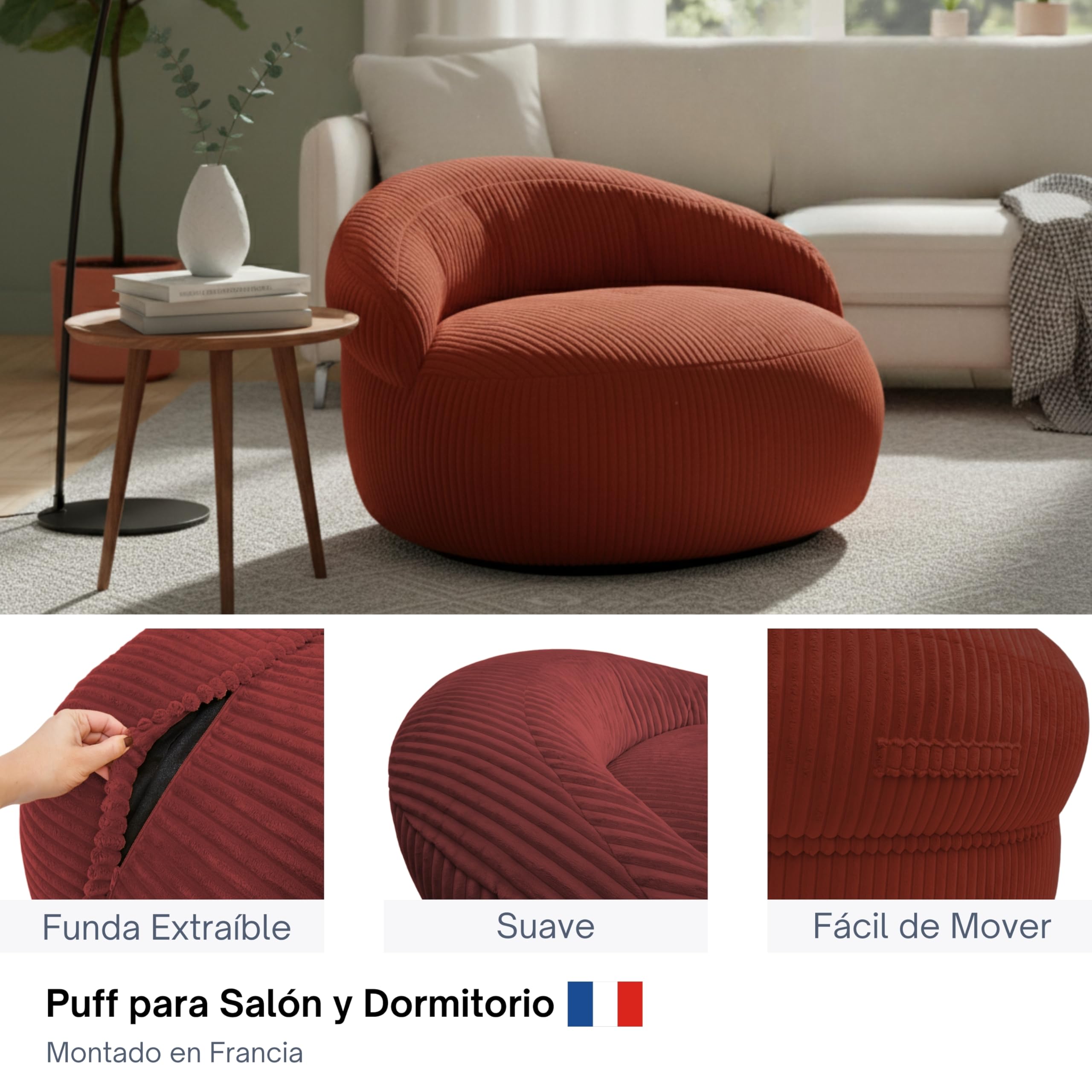bananair – Puff Salón y Dormitorio en Pana - Puff Sillón XXL Suave y Elegante - Funda Lavable a Máquina - Ideal para Salón y Dormitorio, Adultos y Adolescentes (110 × 100 cm, Rojo Ladrillo)