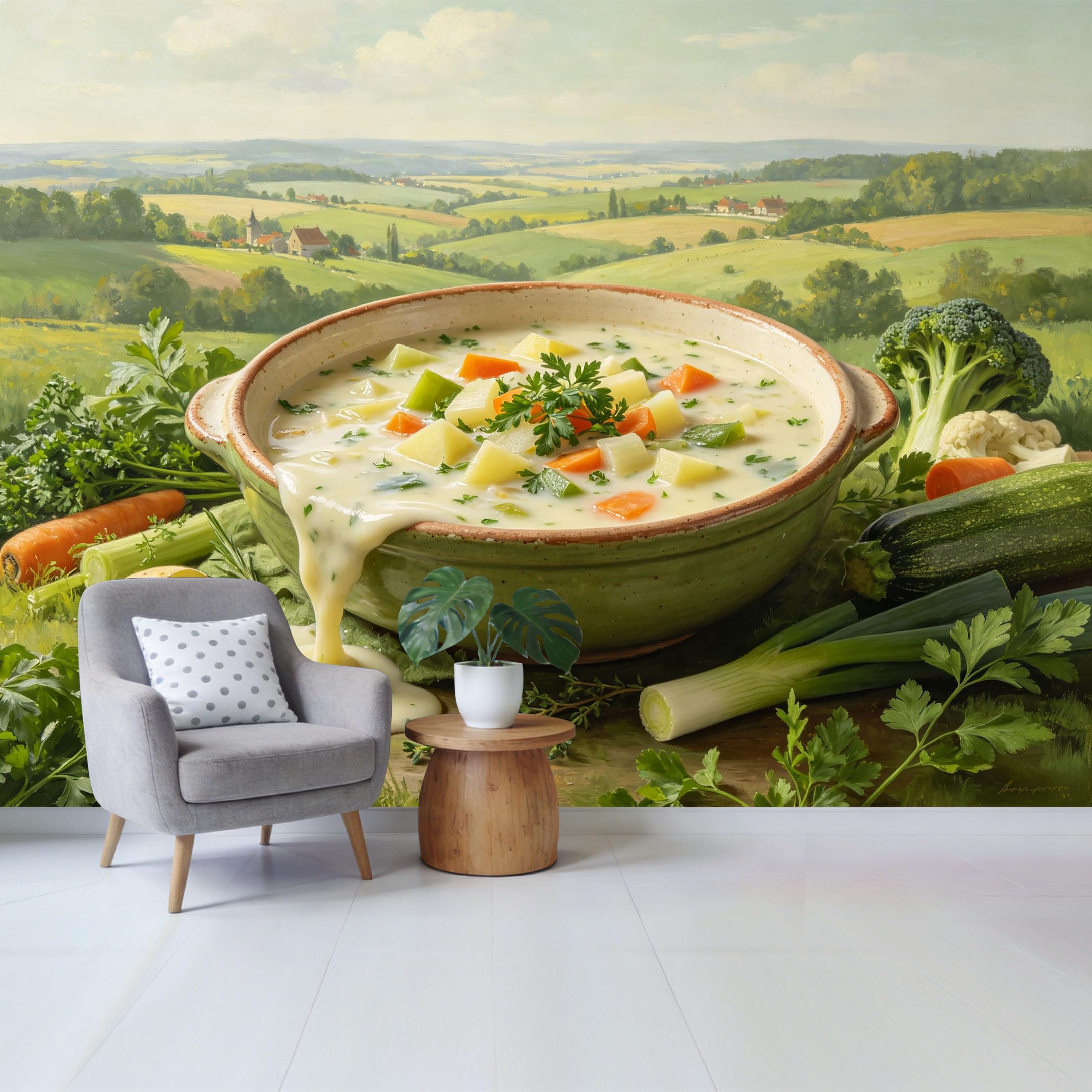 Qzlithotic Yq2605250923 Custom Size Wall Mural Rustic Vegetable Soup Bowl Farmhouse Landscape Oil Painting Style Selfadhesive Wall Fabric Removable Wallpaper For Home Office Decor