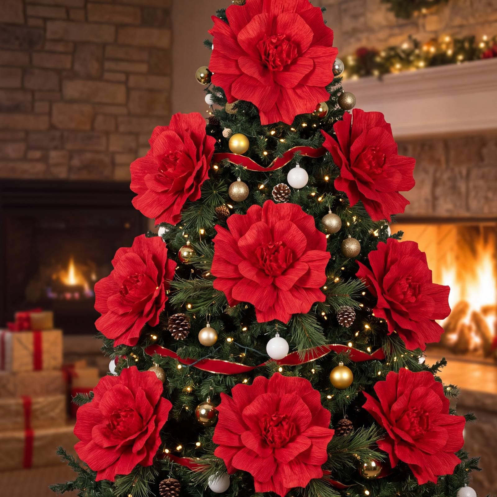 Crtiin Lot de 9 grandes fleurs de poinsettia en papier crépon pour décoration de sapin de Noël, couronne de Noël, décoration murale d'intérieur (rouge)