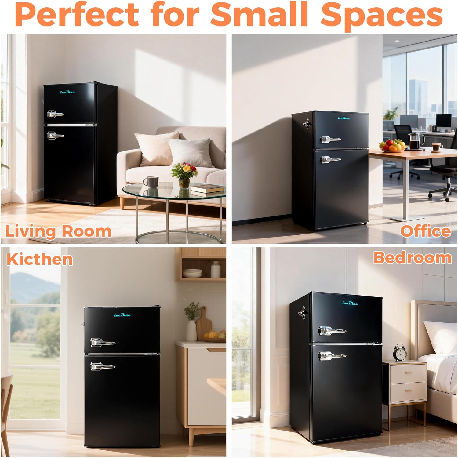 Iceblue Mini Fridge with Freezer, 3.1 Cu.Ft. Dual Door Small Refrigerator with Freezer, 7 Level Control Retro Mini Refrigerator, With Bottle Opner Mini Fridge for Bedroom, Office, Dorm, Gift (Black)