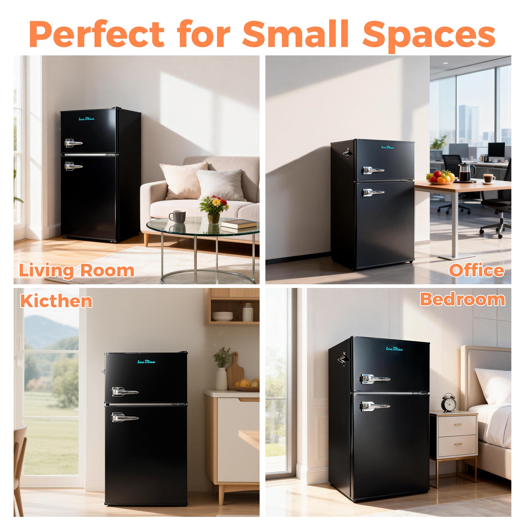 Iceblue Mini Fridge With Freezer, 3.1 Cu.Ft. Dual Door Small Refrigerator With Freezer, 7 Level Control Retro Mini Refrigerator, With Bottle Opner Mini Fridge For Bedroom, Office, Dorm, Gift (Black) on Fridge.com - View 6
