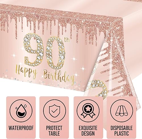 Miniatura 3 de 3 piezas de manteles de cumpleaños número 90 para mujeres, decoración de tema feliz 90 en rosa y oro, suministros de fiesta de cumpleaños de 90
