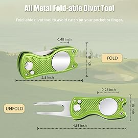 Mile High Life All Metal Foldable Golf Divot Tool with Pop-up Button & Magnetic Ball Marker, Golf Club Holder (Lime Green Fish)