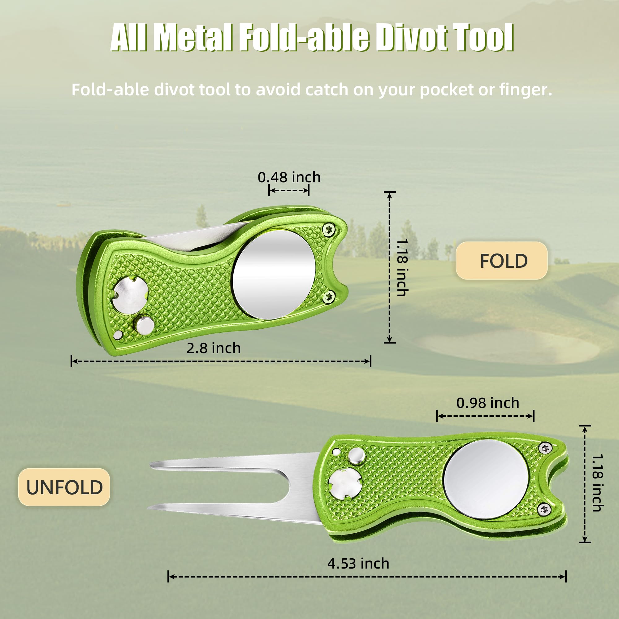 Mile High Life All Metal Foldable Golf Divot Tool with Pop-up Button & Magnetic Ball Marker, Golf Club Holder (Lime Green Fish)