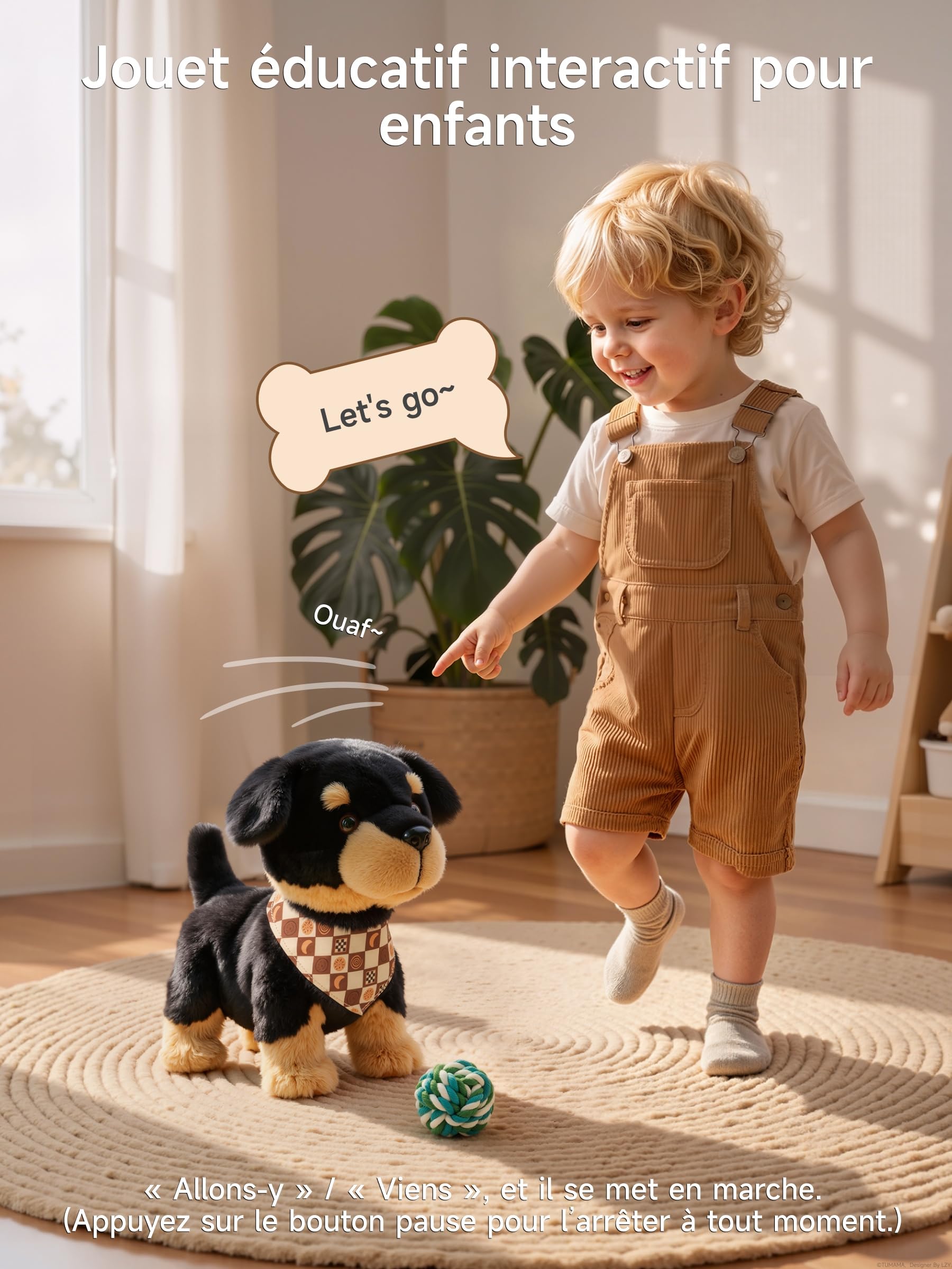 OR OR TU Commande Vocale Chien Jouet Enfant Peluche Chien | Rottweiler, Qui Chante, Aboie, Marche et s'assoit, Matière Douce pour la peau, pour les Enfants à Partir de 2 Ans