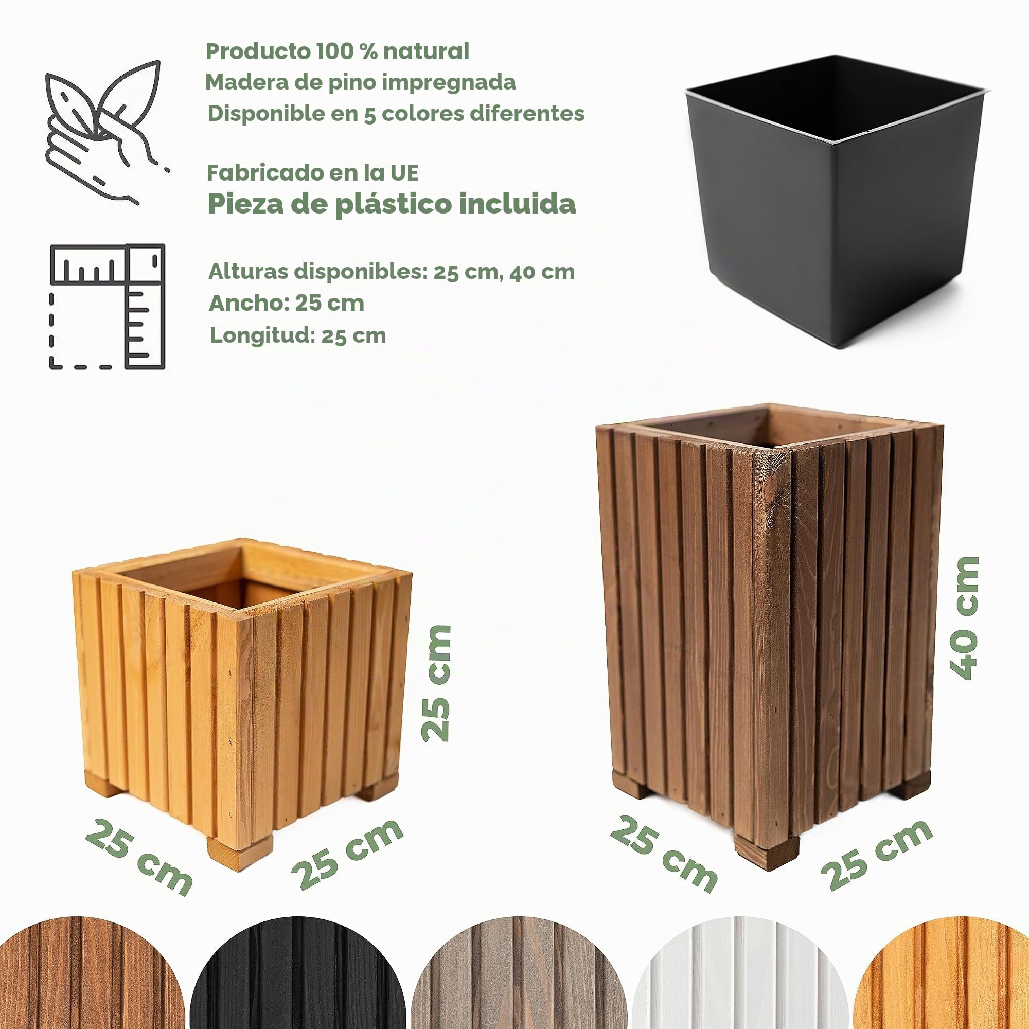 BOGATECO Jardinera de Madera | Maceta 40 x 25 x 25 cm | Para Hogar, Jardín, Balcón, Terraza | Con Inserto de Plástico | Impregnada | Marrón Oscuro