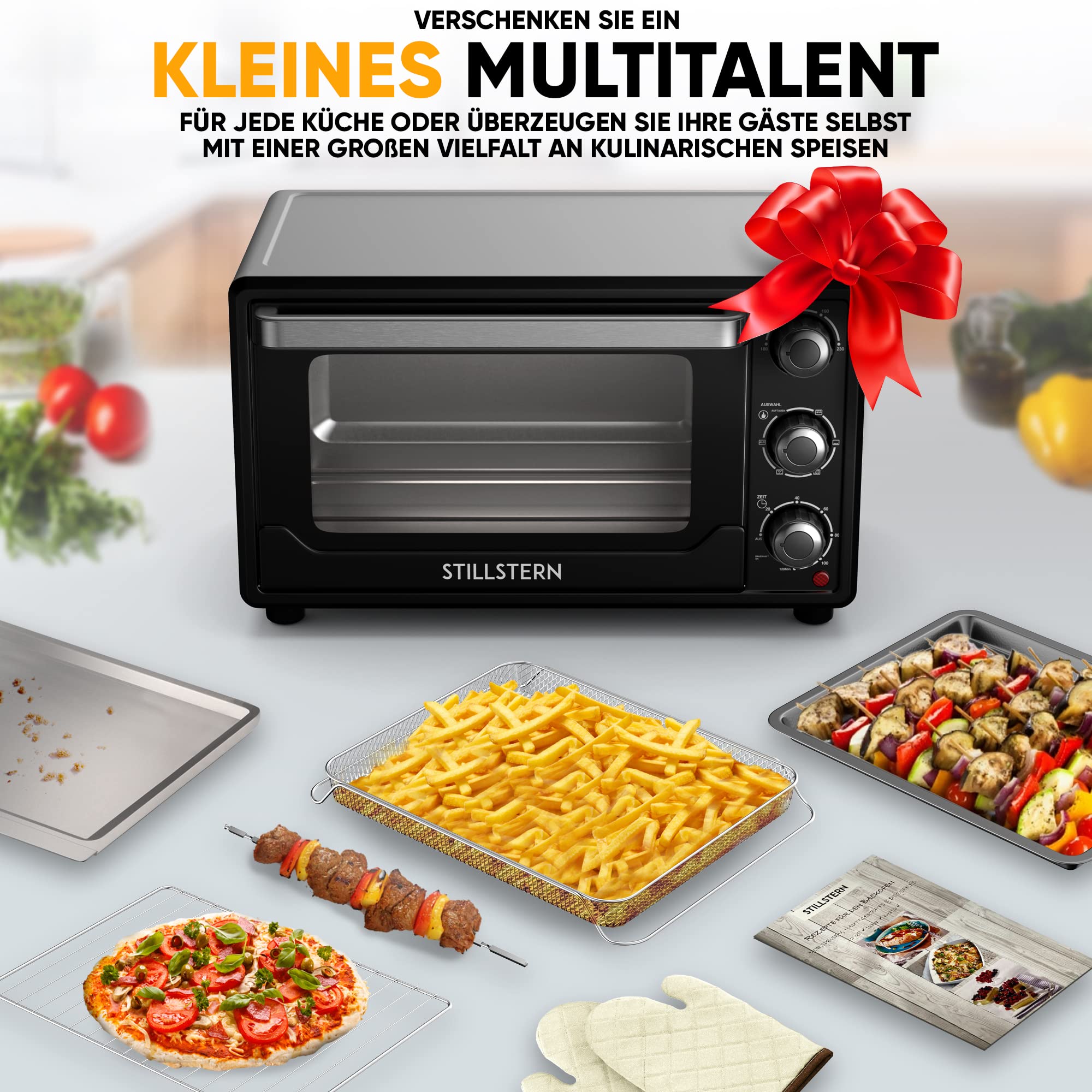 Stillstern Minibackofen mit Umluft 25L (DE Version) Pizza Ø25, CYCLONE PRO+ Antihaftbeschichtung, Auftauen, 2h Timer, Camping Mini Backofen Umluft Pizzaofen Mini Ofen klein Hähnchengrill mit Drehspieß