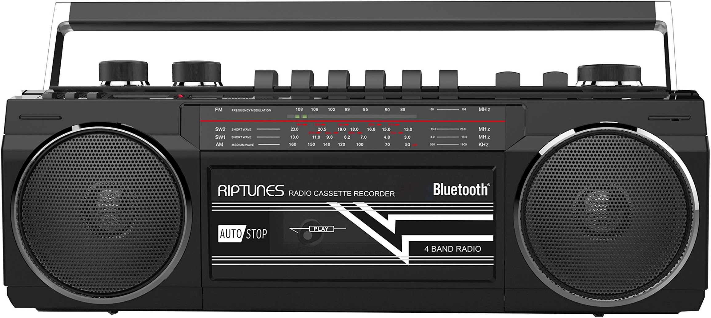 Riptunes Cassette Boombox, Retro Blueooth Boombox, Cassette Player and Recorder, AM/FM/SW-1-SW2 Radio-4-Band Radio, USB, SD, and Aux in, Black