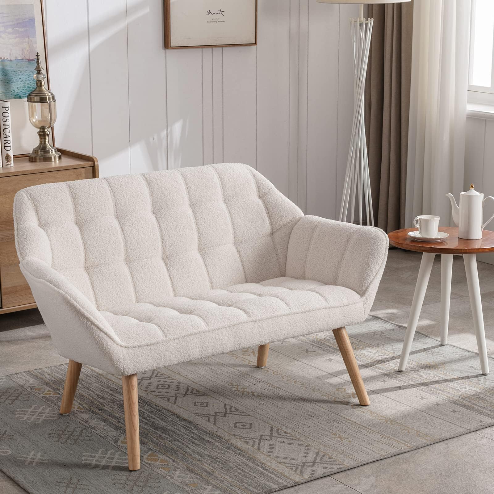 48" Small Loveseat for Small Spaces, Upholstered Fluffy White Loveseat Sofa, Mid Century Modern 2-Seater Couch with Armrest and Wood Legs for Bedroom, Living Room, Apartment, White