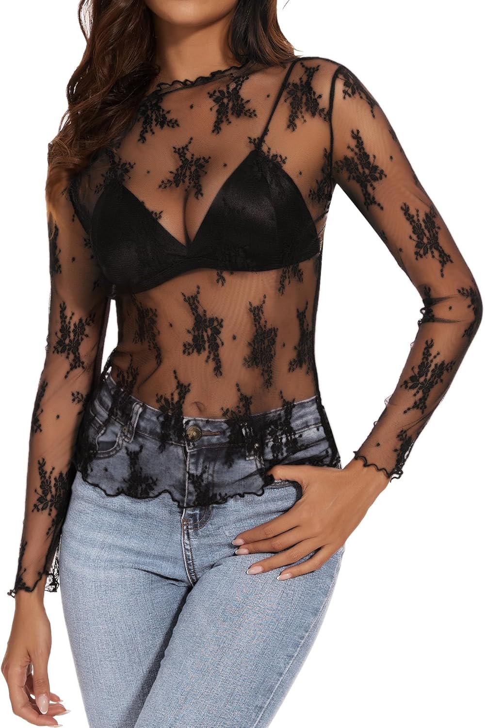 Womens Lace Mesh Long Sleeve Top Floral Sheer See Through Sexy Tops Mock Neck Shirts Party Club Night Blouses - Image 2