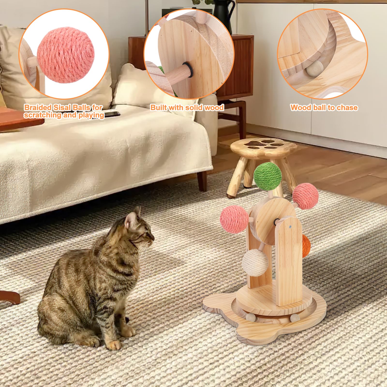 Roulettes pour chat d'intérieur, piste de balle 2 en 1 pour chat, jouet interactif à griffer pour chat, balle griffoir pour chat, base en bois massif