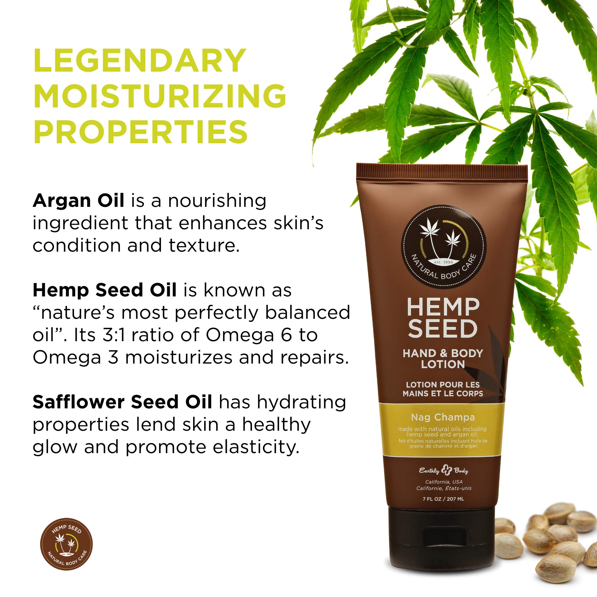 Hemp Seed Hand & Body Lotion, Nag Champa Scent - 7 Fl Oz - Soothe Dry Skin - Argan Oil, Hemp Seed Oil - Light, Non-Greasy Formula - Vegan & Cruelty Free