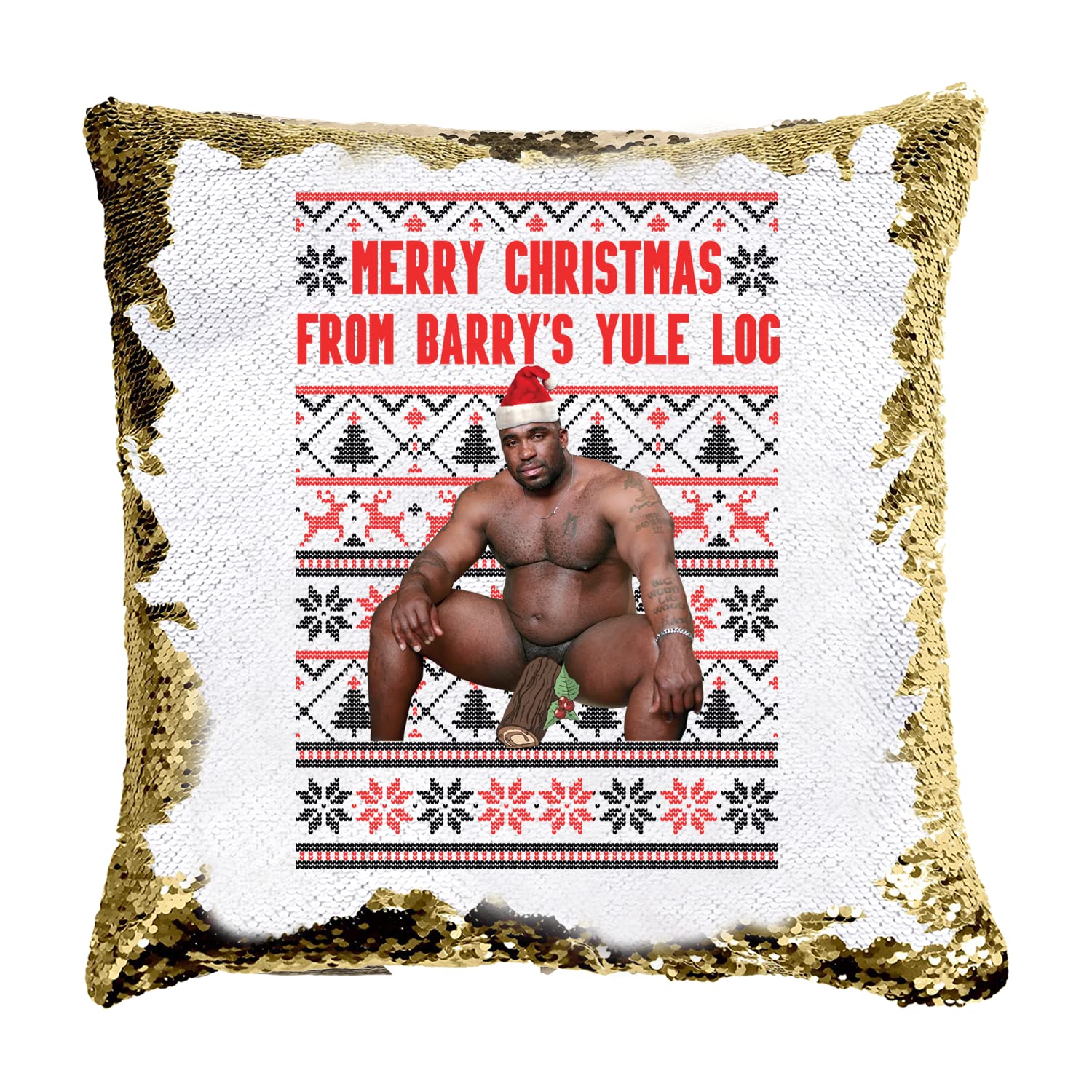 Smartypants Cover+Filling Barry Wood Yule Log Square Sequin Cushion - Novelty Rude Crude Explicit Fun Merry Xmas Eve Festive Jolly Santa Festive Gold Holiday Home Decor Gift Present (Cover+Filling)