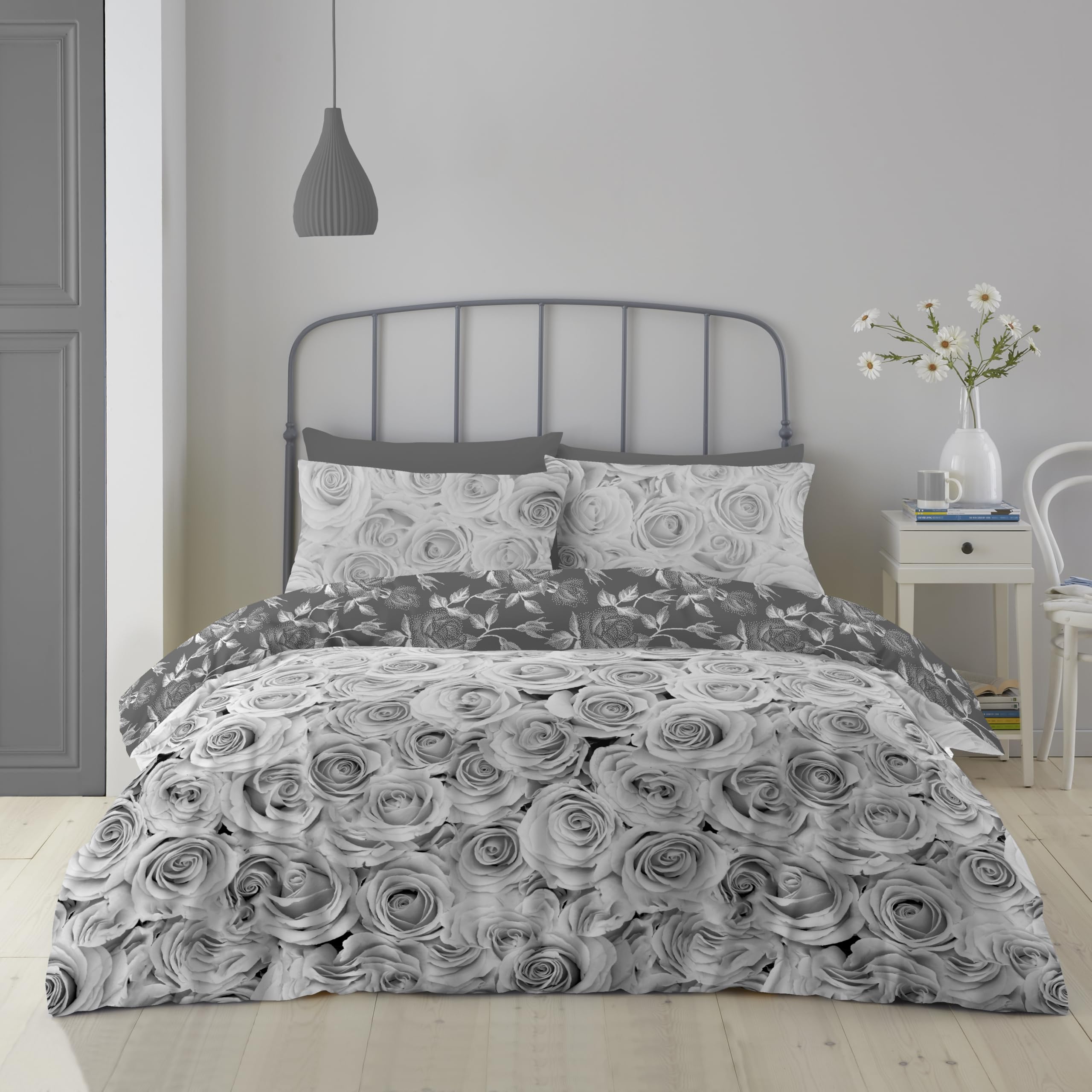 Gc Gaveno Cavailia Grey-Bellerose Premium Flower Duvet Cover Set, Warm & Cosy King Size Bedding Grey, Breathable Bed Covers