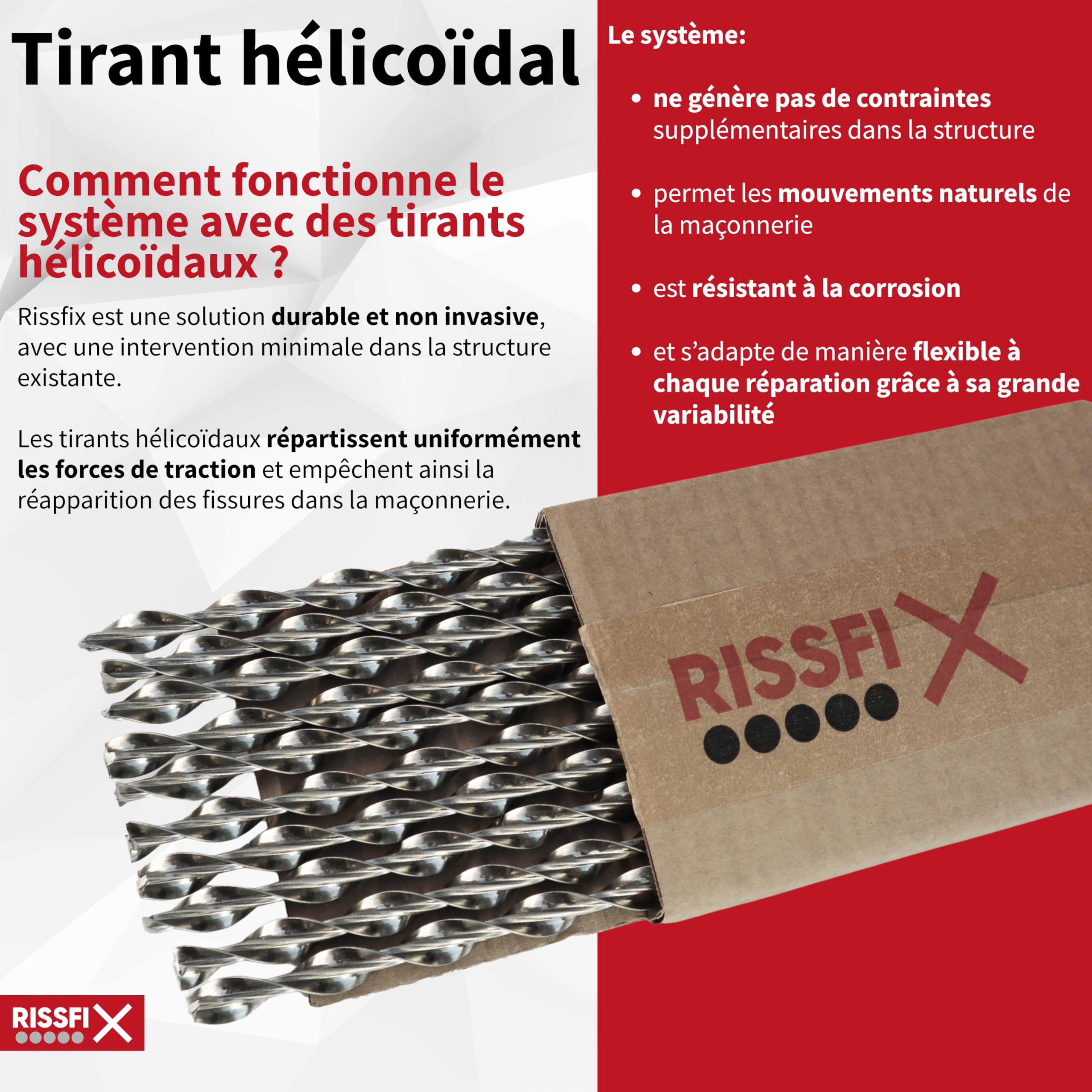 Kit réparation fissure mur – agrafes hélicoïdales (10 barres de 1 m) + mortier spécial réparation fissures + accessoires (⌀ 10 mm)