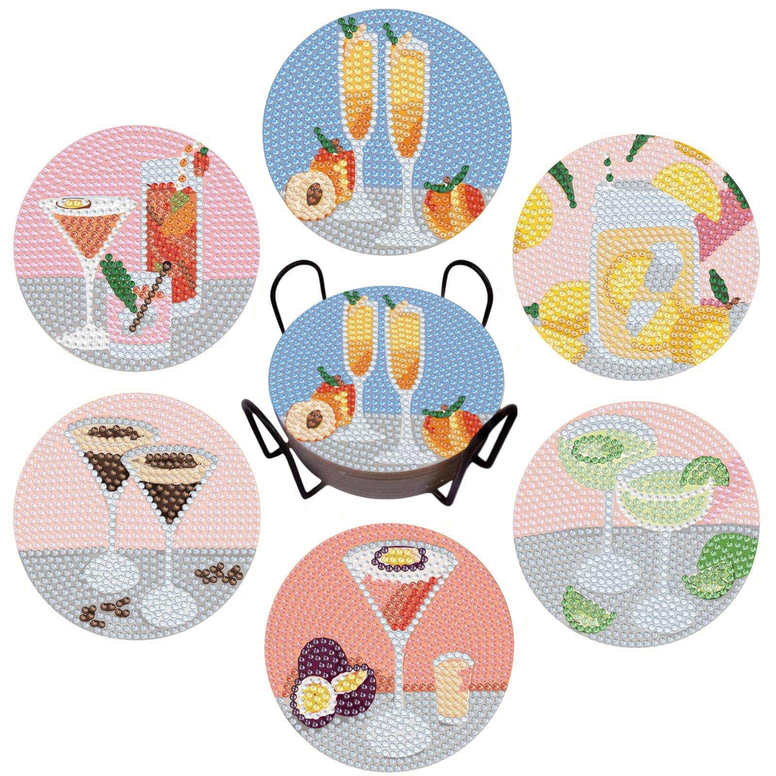 6 Pcs 5D Diamond Painting Coasters With Holder, Cocktail Art Coasters for Drinks Coffee Table, Diamond Painting Kits for Beginners, Adults, Crafts Supplies (Cocktail)