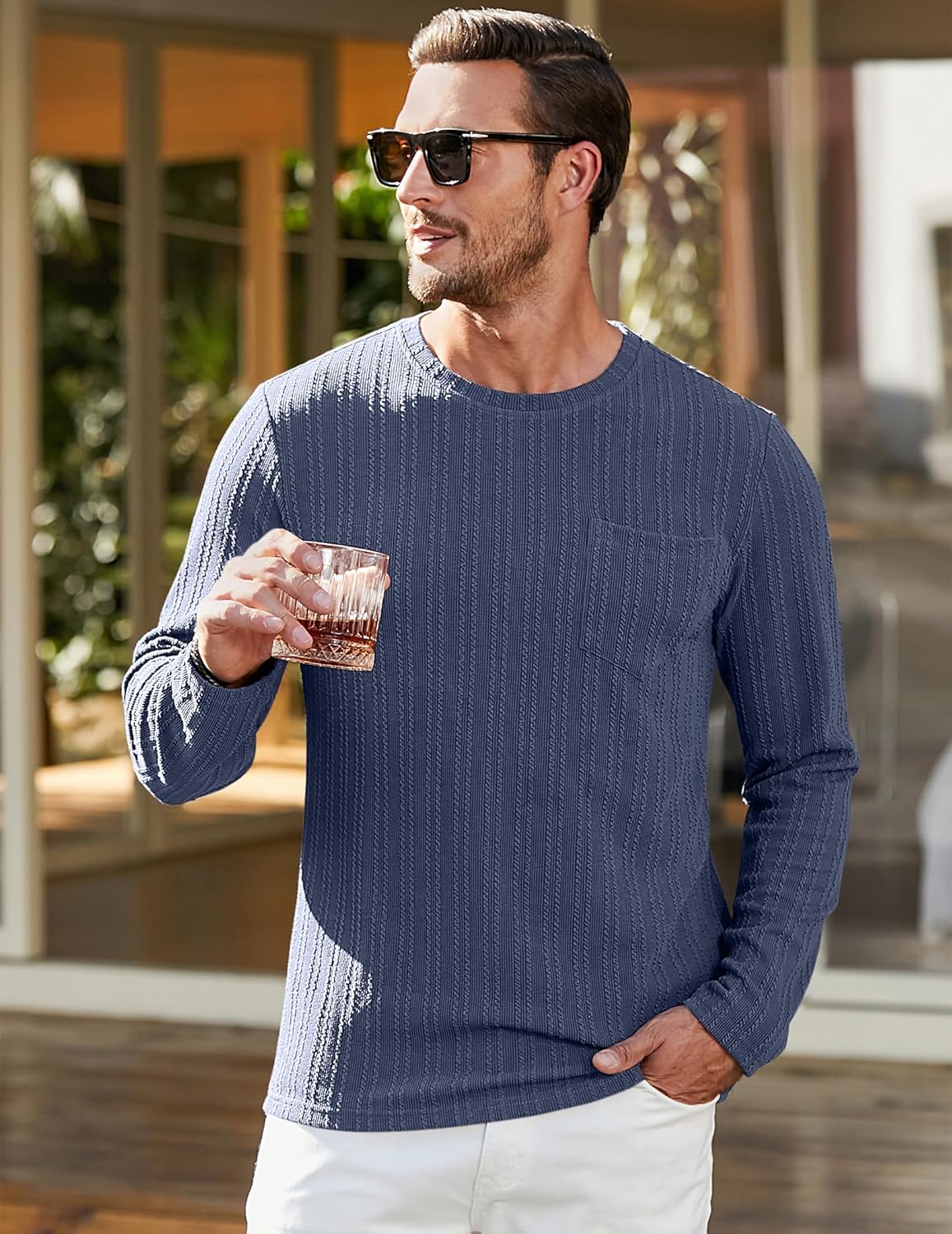 JMIERR Men's Long Sleeve Shirts Casual Crewneck Pullover T-Shirt Stretch Textured Knit Tee with Pocket - Image 2