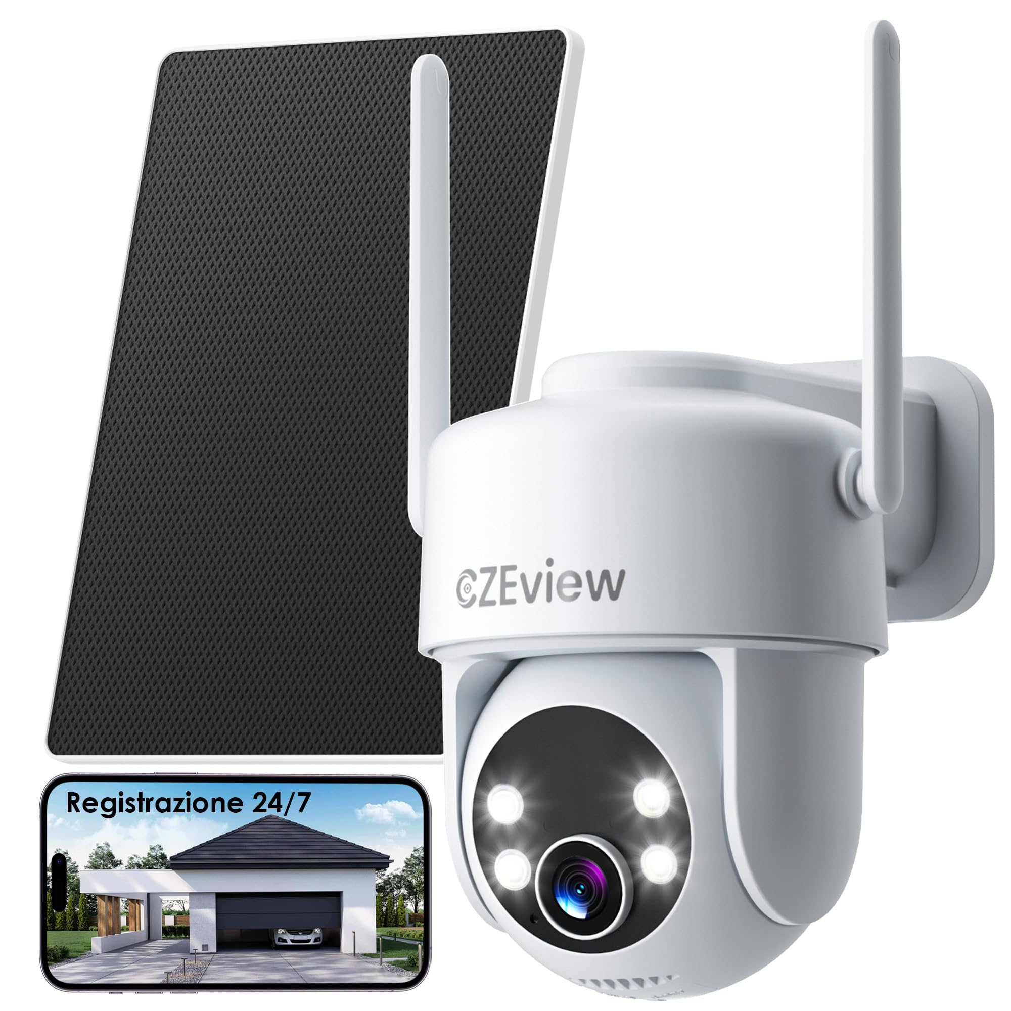 CZEview 2a Gen Telecamera Wifi Esterno senza Fili con Pannello Solare, Registrazione Continua 24/7, Tracciamento in Movimento, Raggio di Rilevamento 30m, 2K+, 5W + 9000mAh (2a Generazione)
