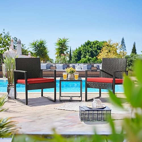 Miniatura 9 de Flamaker - Juego de 3 piezas de muebles de mimbre para patio al aire libre, juego de muebles de jardín moderno, conjunto de sillas de mimbre con