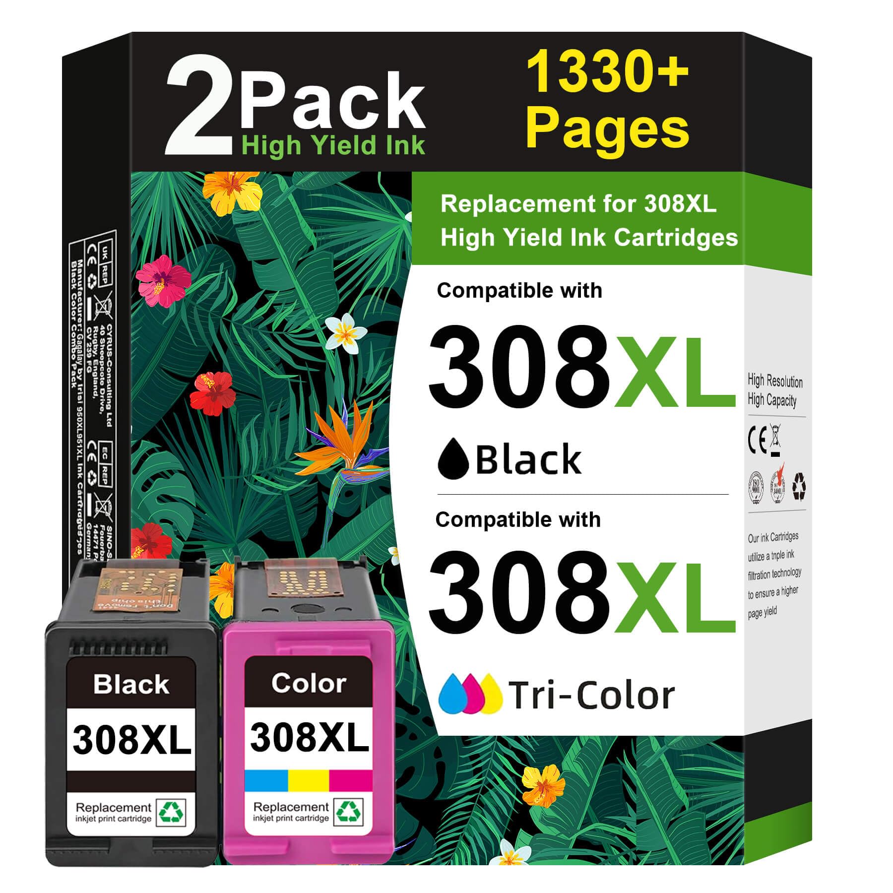 CINKCOCO 308XL 308E Sostituzione per Cartucce HP 308 Nero e Colore Compatibile con HP Envy 6120e 6130e 6110e 6122e 6132e 6520e 6530e 6532e（1 Nero & 1 Colore）