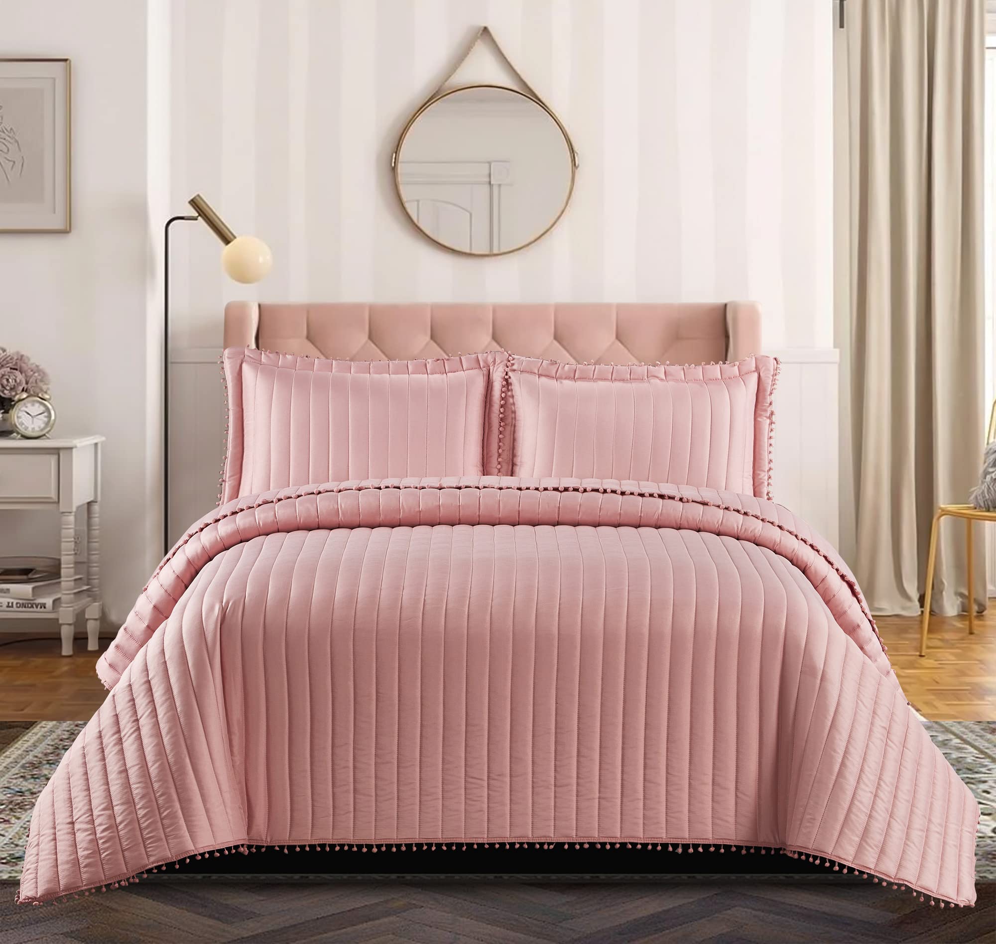 Best Linen Quilted Bedspread Bed Throw 3 Piece Bedding Set Includes Comforter and 2 Pillow Cases Embossed Quilt Bedding Set (Pom Pom Pink, King)