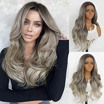Ash Gray Wavy Synthetic Wig 3 Tone Ombre Grey 13x4 Lace Front Heat Resistant Fiber for Women 24 Inches 150 Density