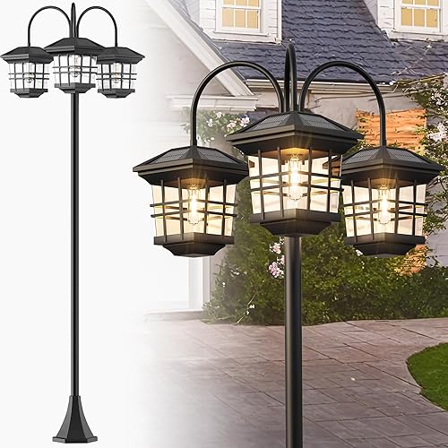 Miniatura 9 de Lámpara solar clásica negra de 76 pulgadas, luces de calle impermeables de 3 cabezales, lámpara decorativa para patio trasero, jardín, entrada,