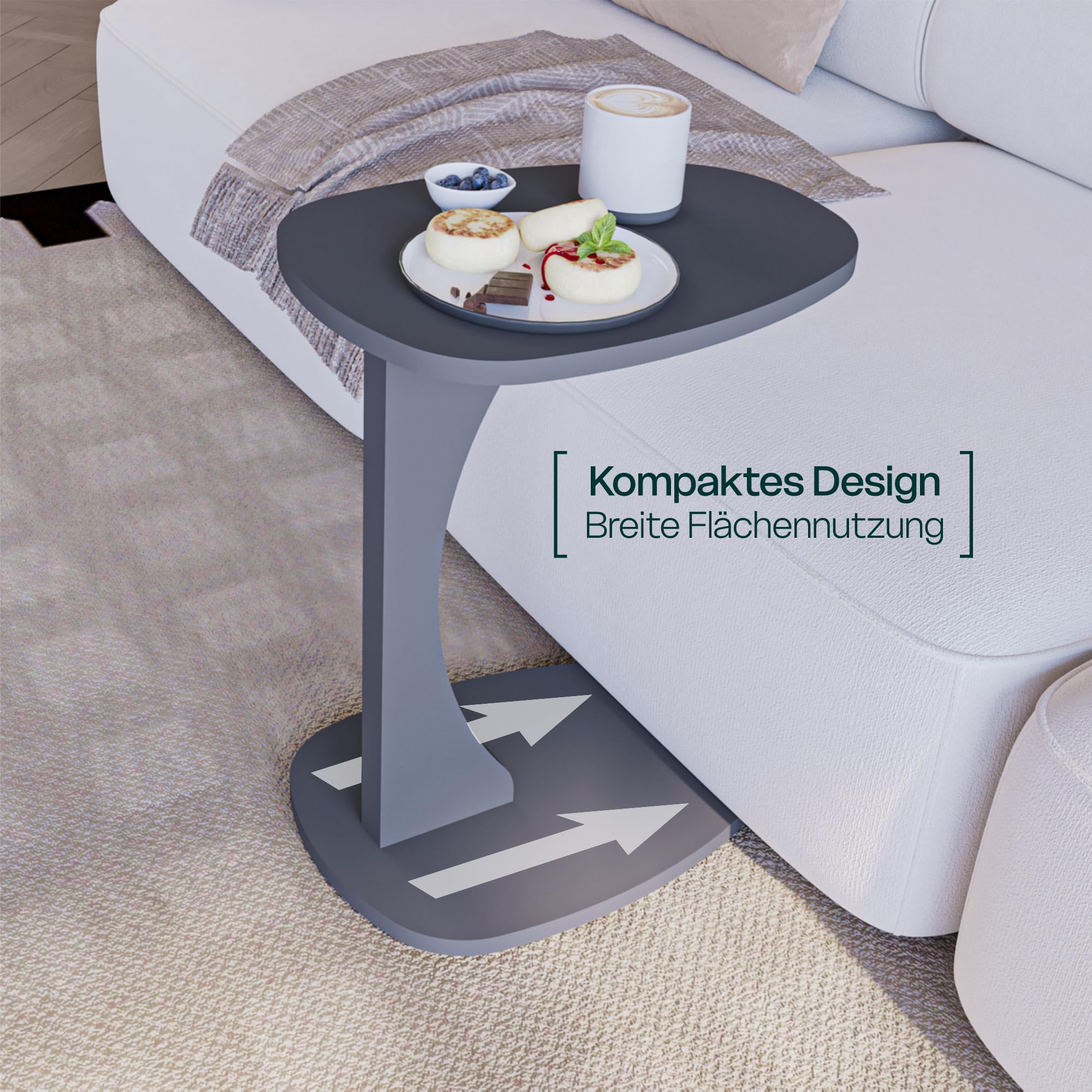 sugodesign Beistelltisch Couch mit Rollen, Kleiner Beistelltisch C-Form, Sofatisch in stylischem Anthrazit, Kleiner Couchtisch fürs Wohnzimmer, ideale Ablagefläche für Laptops, Tassen - Norma